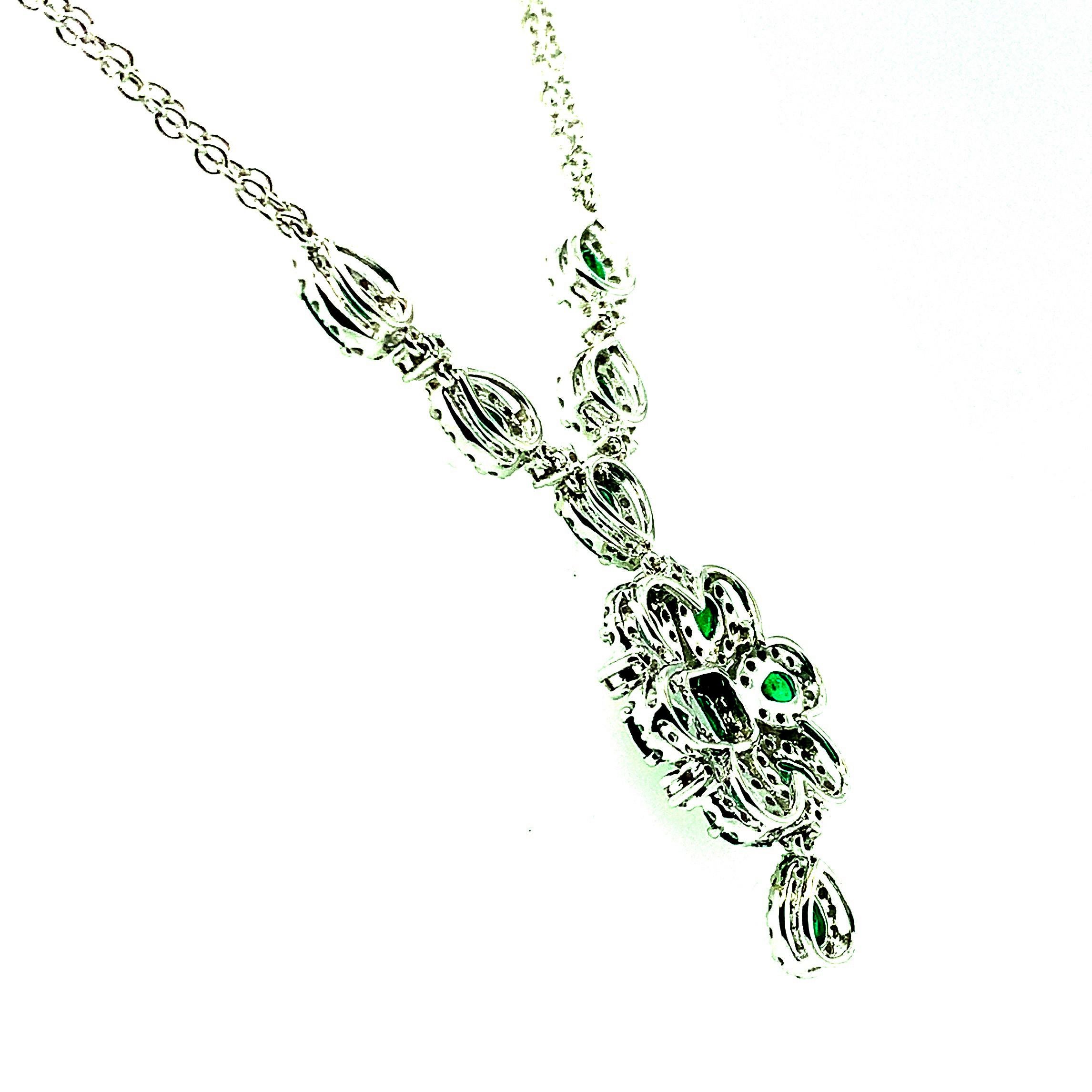 Women's 2.31 Carat Total Emerald Pear Drop Necklace with Diamonds in 18k White Gold    For Sale