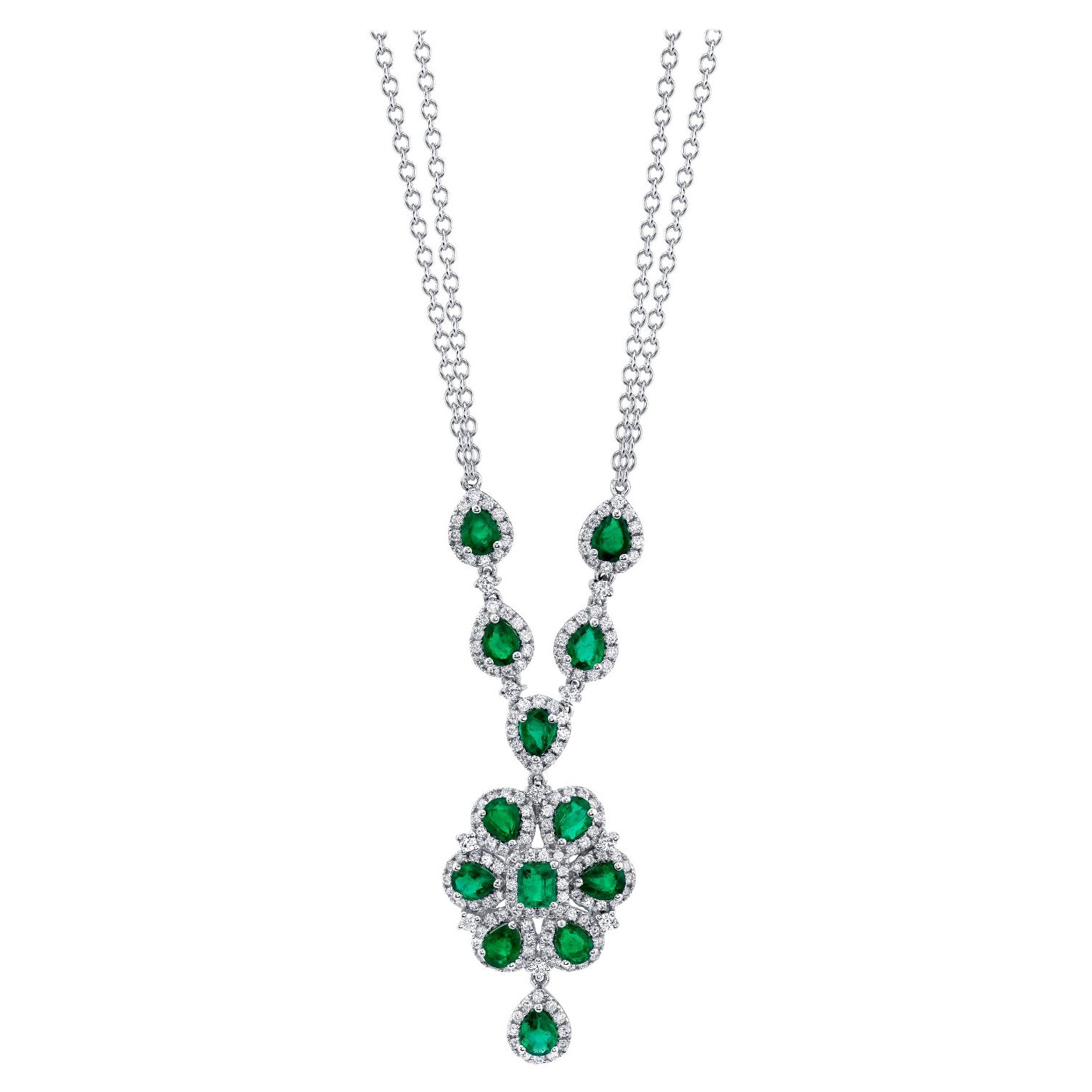 2,31 Karat Total Smaragd Birne Tropfen Halskette mit Diamanten in 18k Weißgold im Angebot