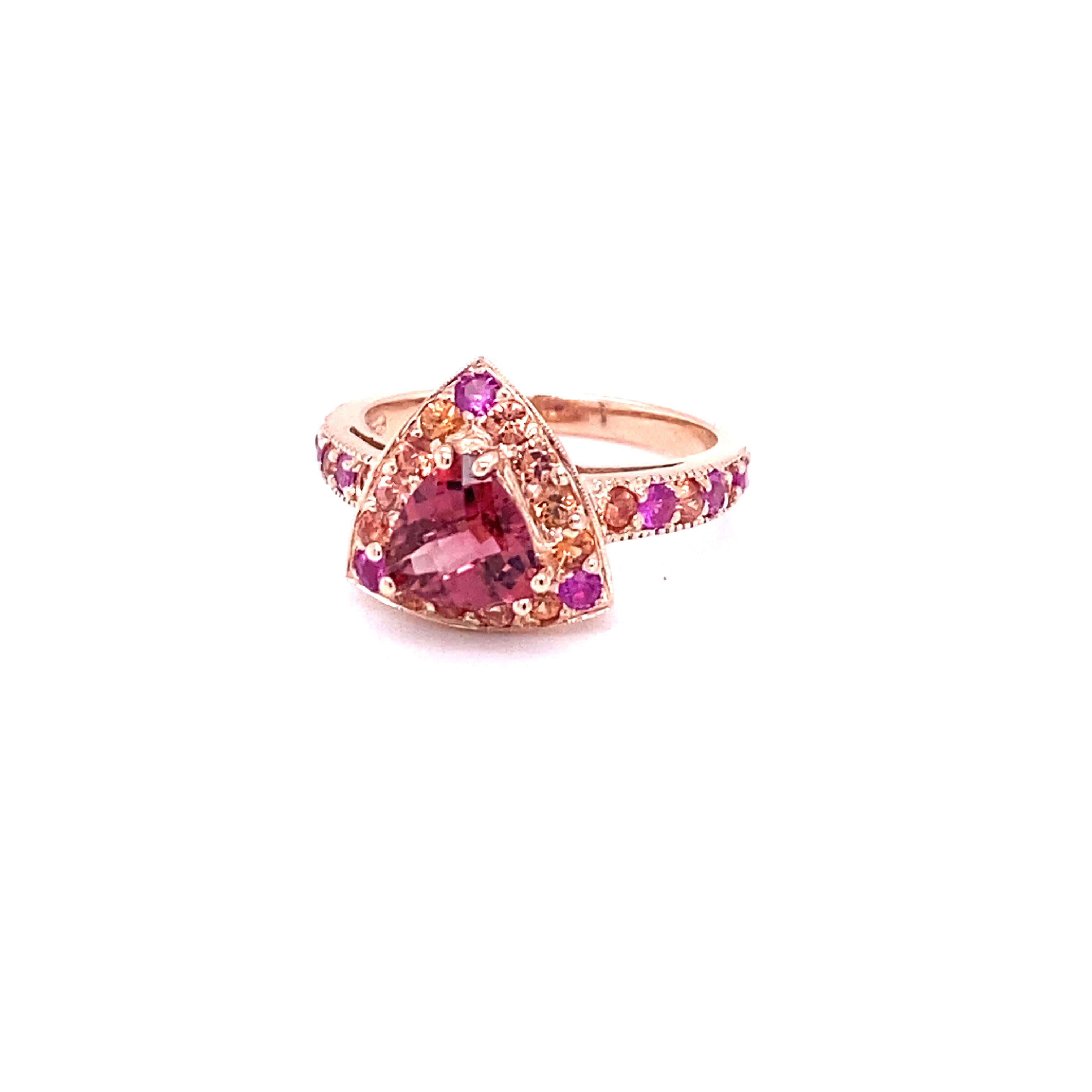 Trillion Cut 2.31 Carat Tourmaline Sapphire 14 Karat Rose Gold Cocktail Ring For Sale