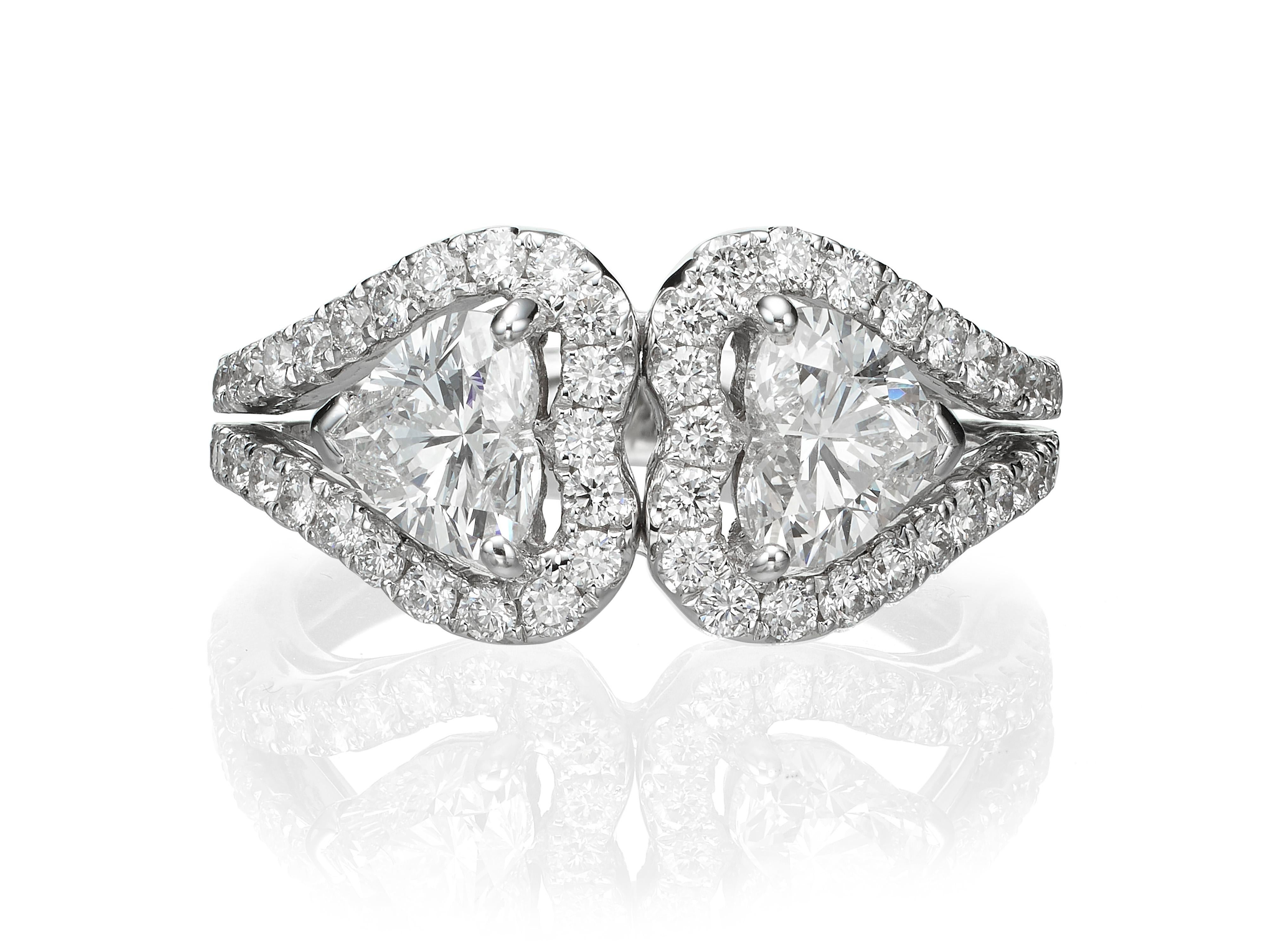 Contemporary 2.31 Carat Twin Heart Shape Diamond 18 Karat White Gold Cocktail Ring