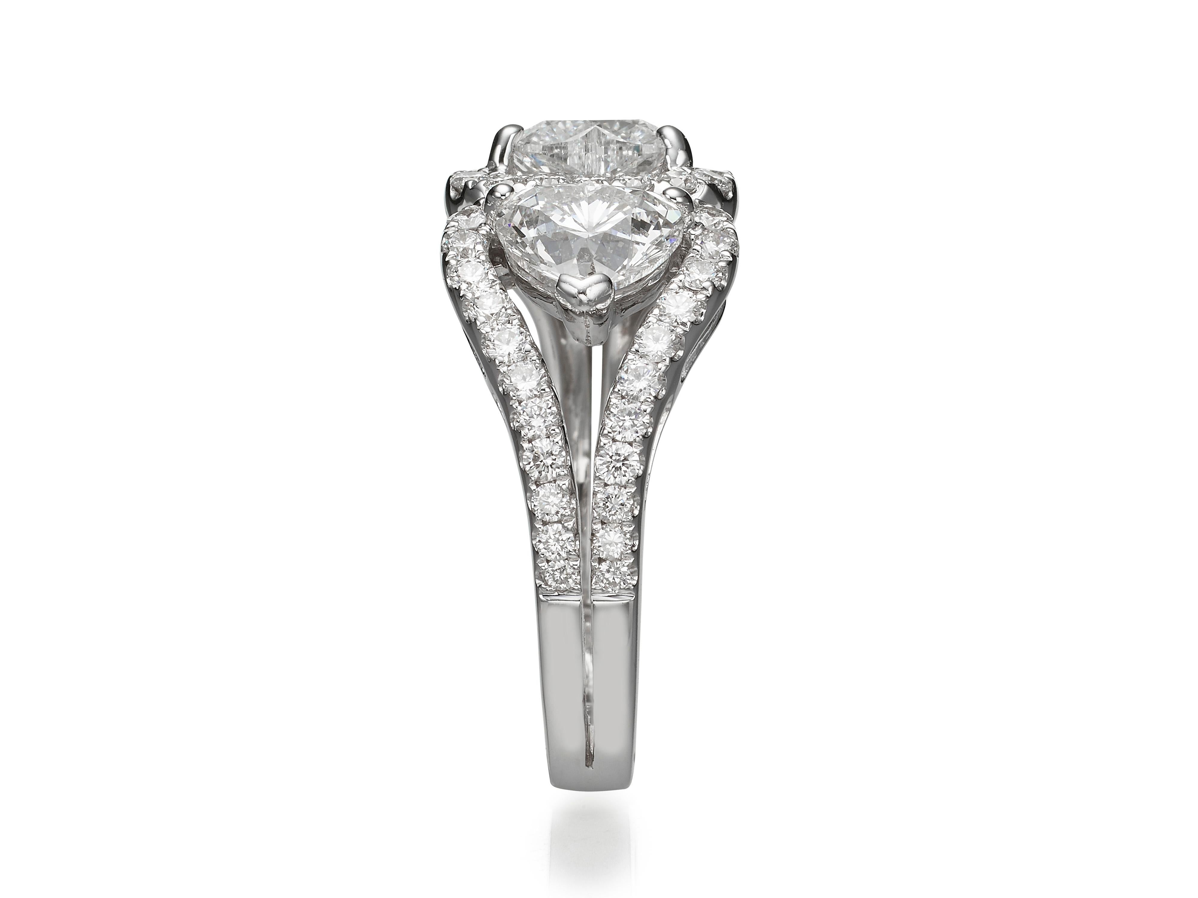 Round Cut 2.31 Carat Twin Heart Shape Diamond 18 Karat White Gold Cocktail Ring