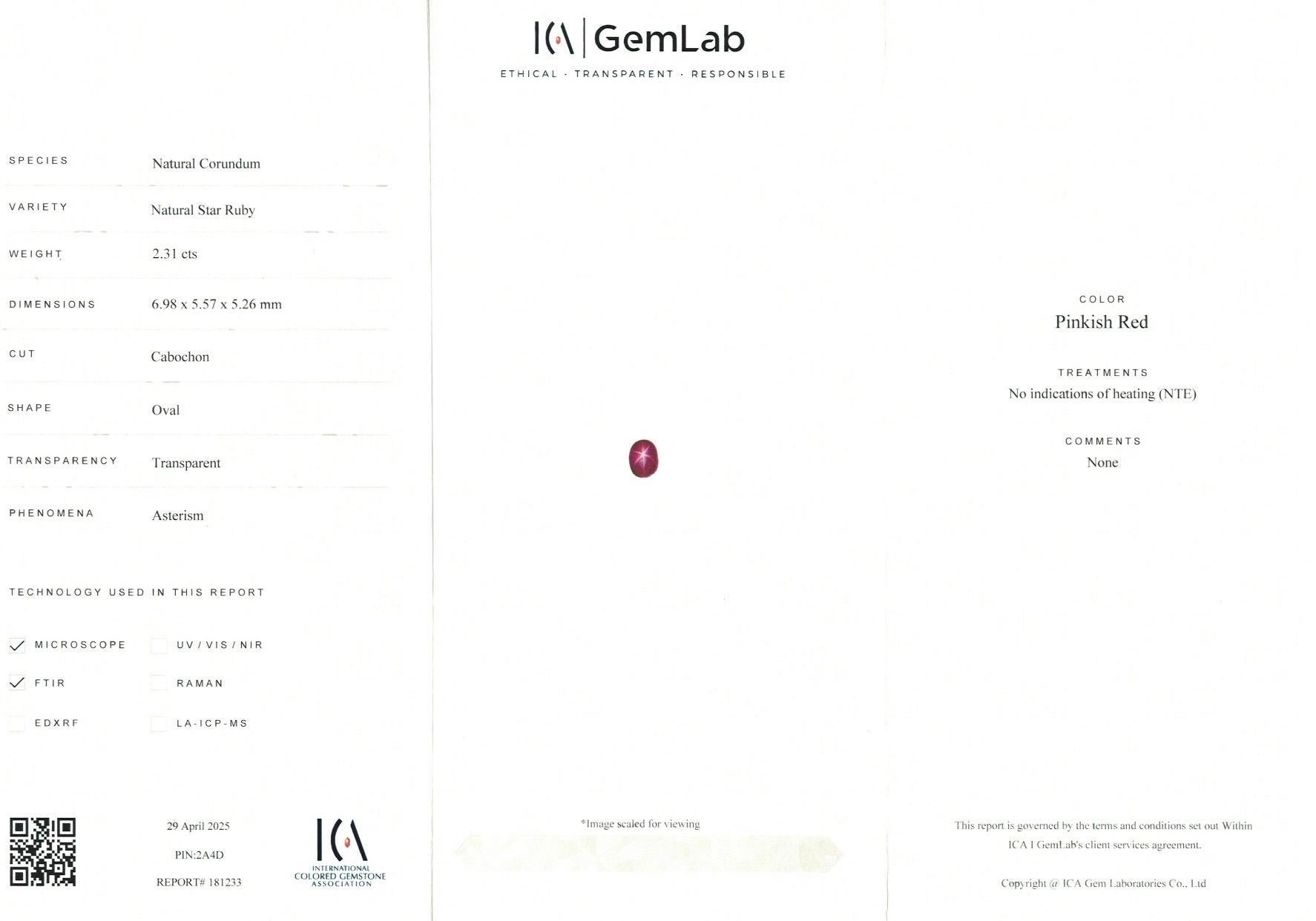 RMA115～
2.31 Ct ICA Certificate Natural Star Ruby unheated Burma transparent Pinkish red Gemstone

GEM DESCRIPTION:  
Species:   Natural Corundum 
Variety:  Natural Star Ruby unheated 
Weight:  2.31ct
Color:  Pinkish red 
Cut:  Very good 
Clarity :