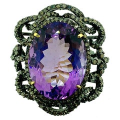 23.10 Carat Amethyst, Diamond Ring in Oxidized Sterling Silver, 14 Karat Gold