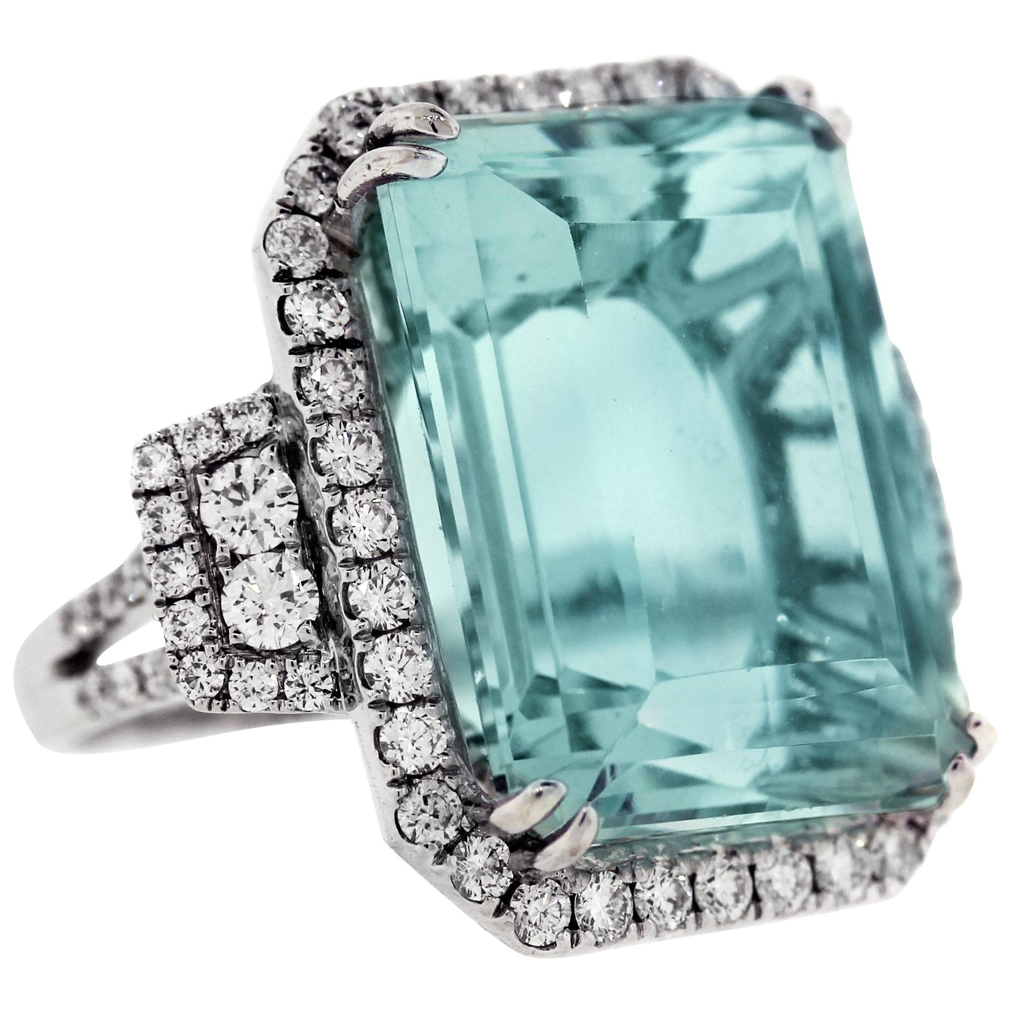 23.10 Carat Emerald Cut Aquamarine Diamonds 18 Karat White Gold Cocktail Ring