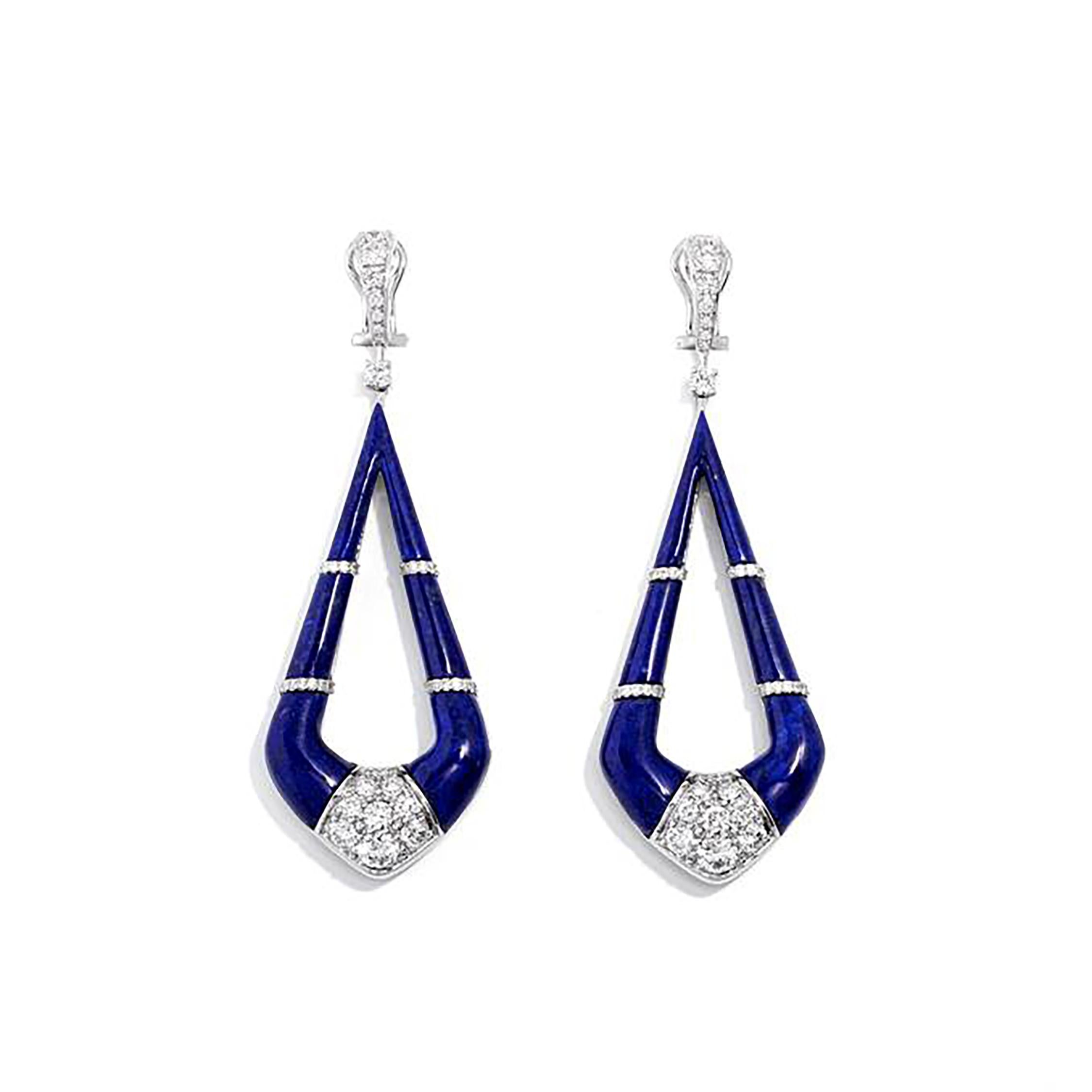 Round Cut 23.15 Carat Total Lapis Lazuli with Diamond Dangle Pietra Collection Earrings For Sale