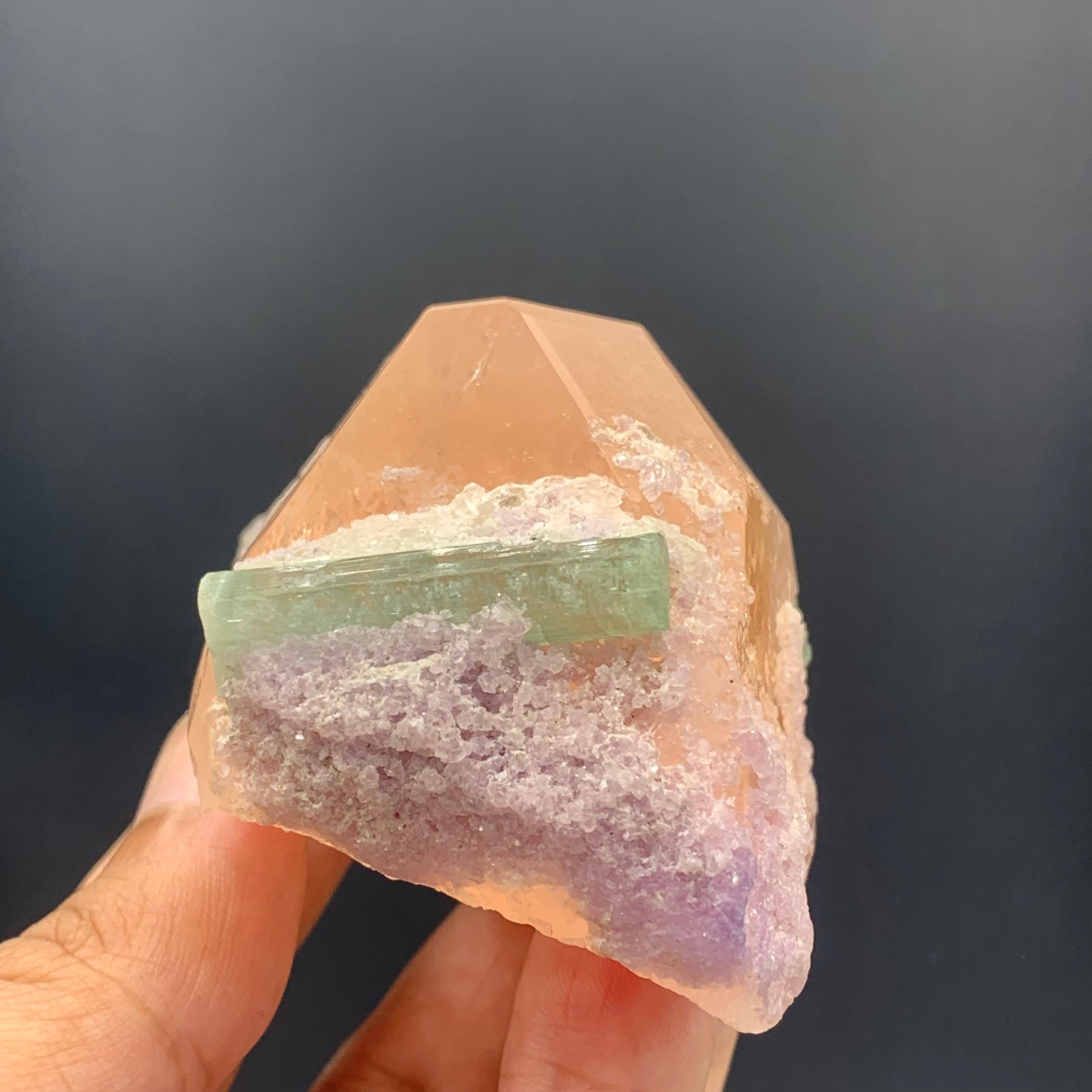 231.5 Gram Morganite Specimen attached With Green Tourmaline And Fluorite  For Sale 2