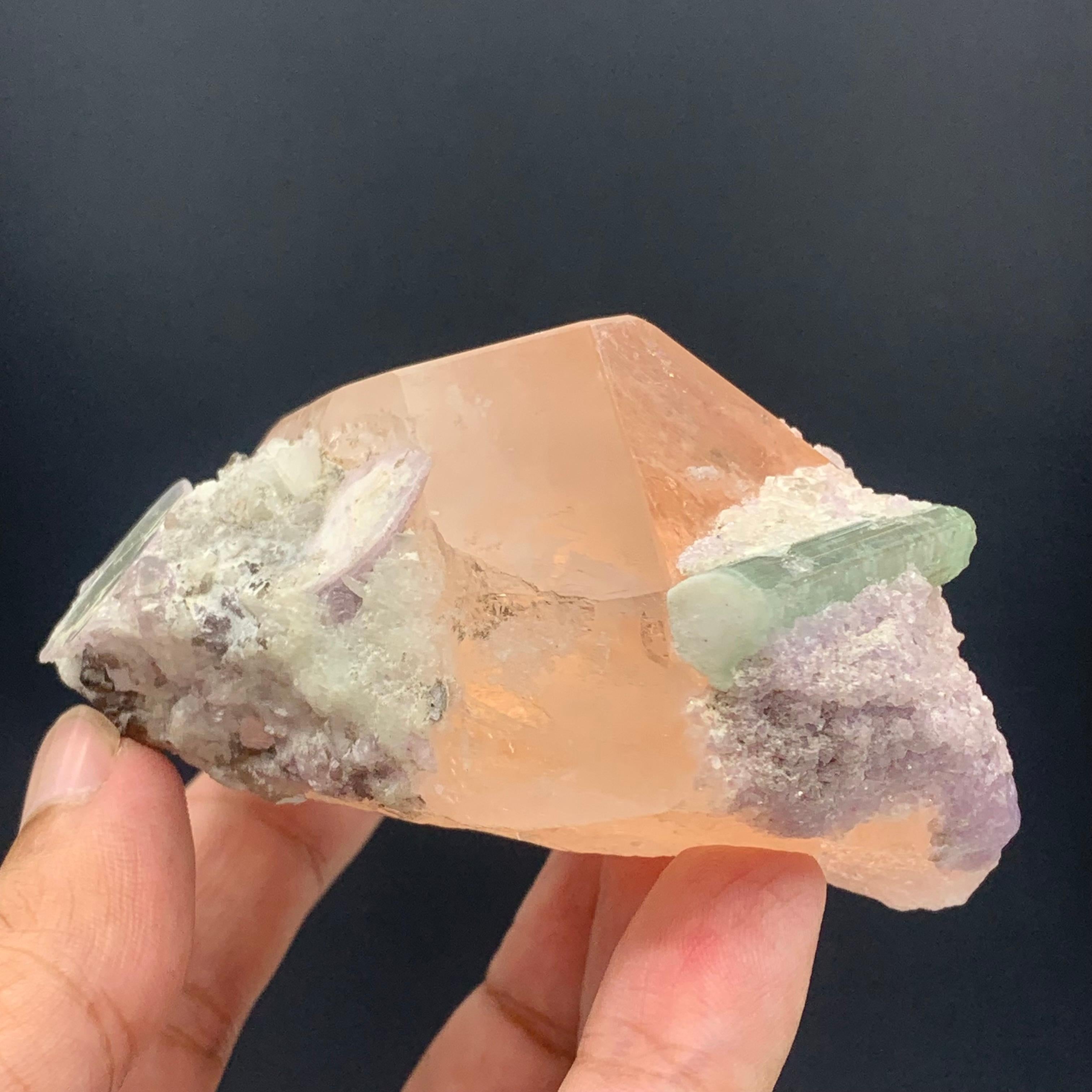 231.5 Gram Morganite Specimen attached With Green Tourmaline And Fluorite  For Sale 3
