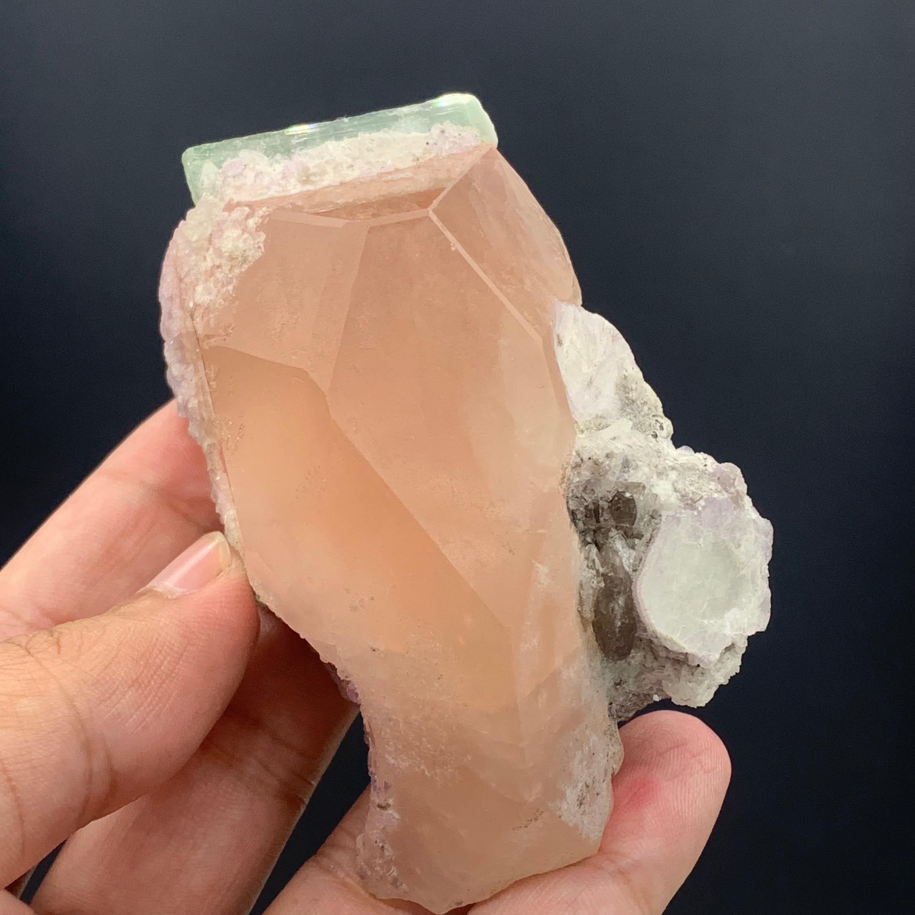 231.5 Gram Morganite Specimen attached With Green Tourmaline And Fluorite  For Sale 4