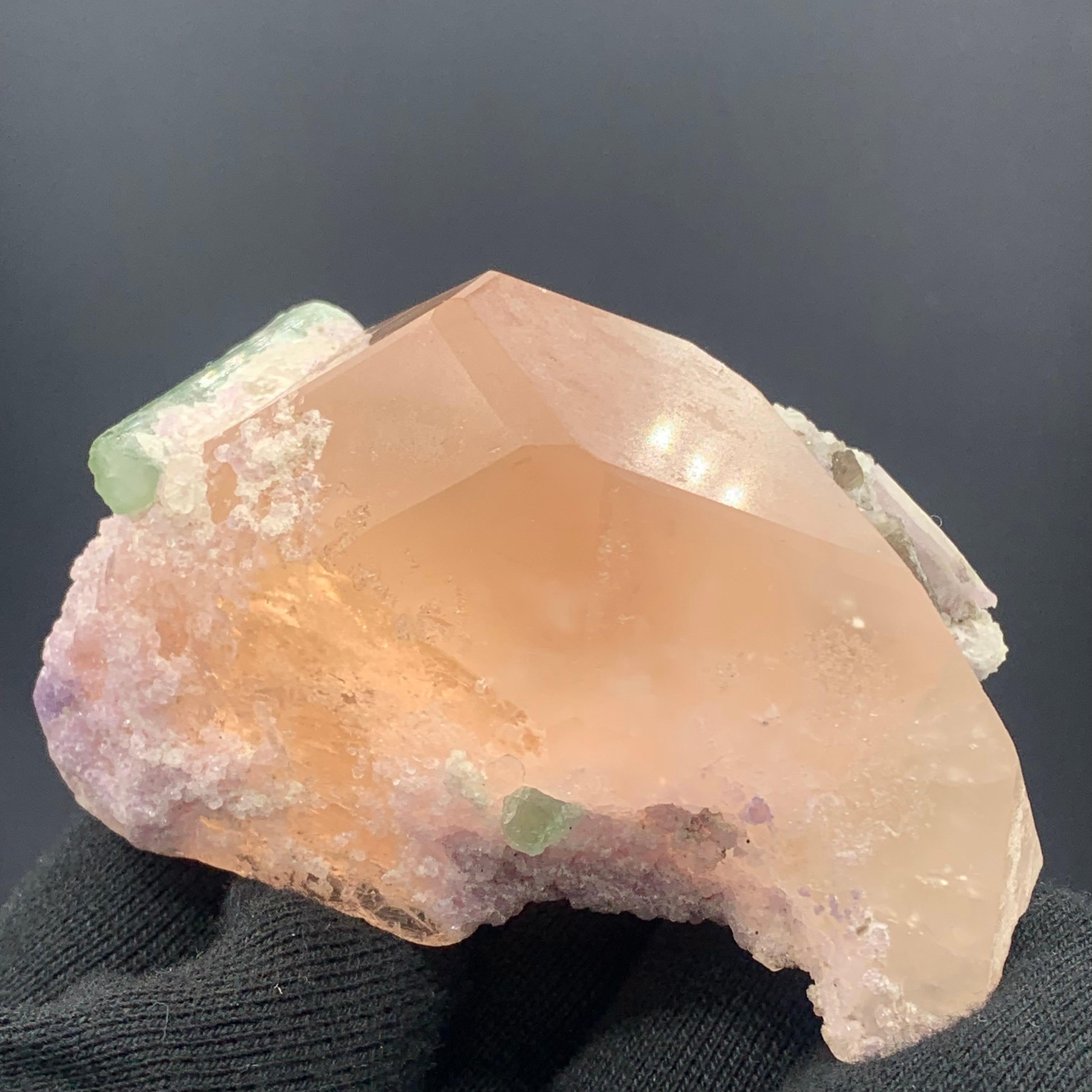 Adam Style 231.5 Gram Morganite Specimen attached With Green Tourmaline And Fluorite  For Sale