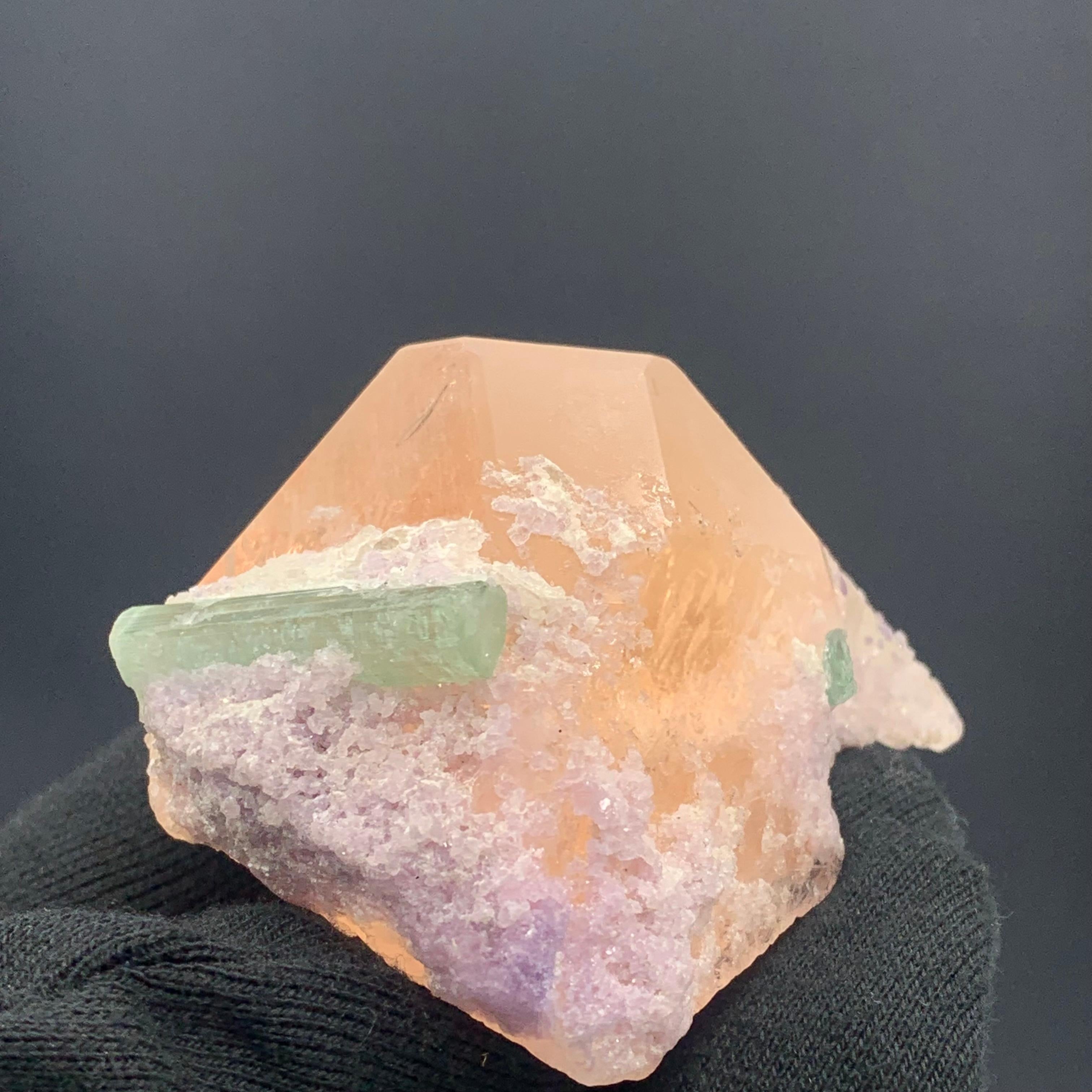 Afghan 231.5 Gram Morganite Specimen attached With Green Tourmaline And Fluorite  For Sale