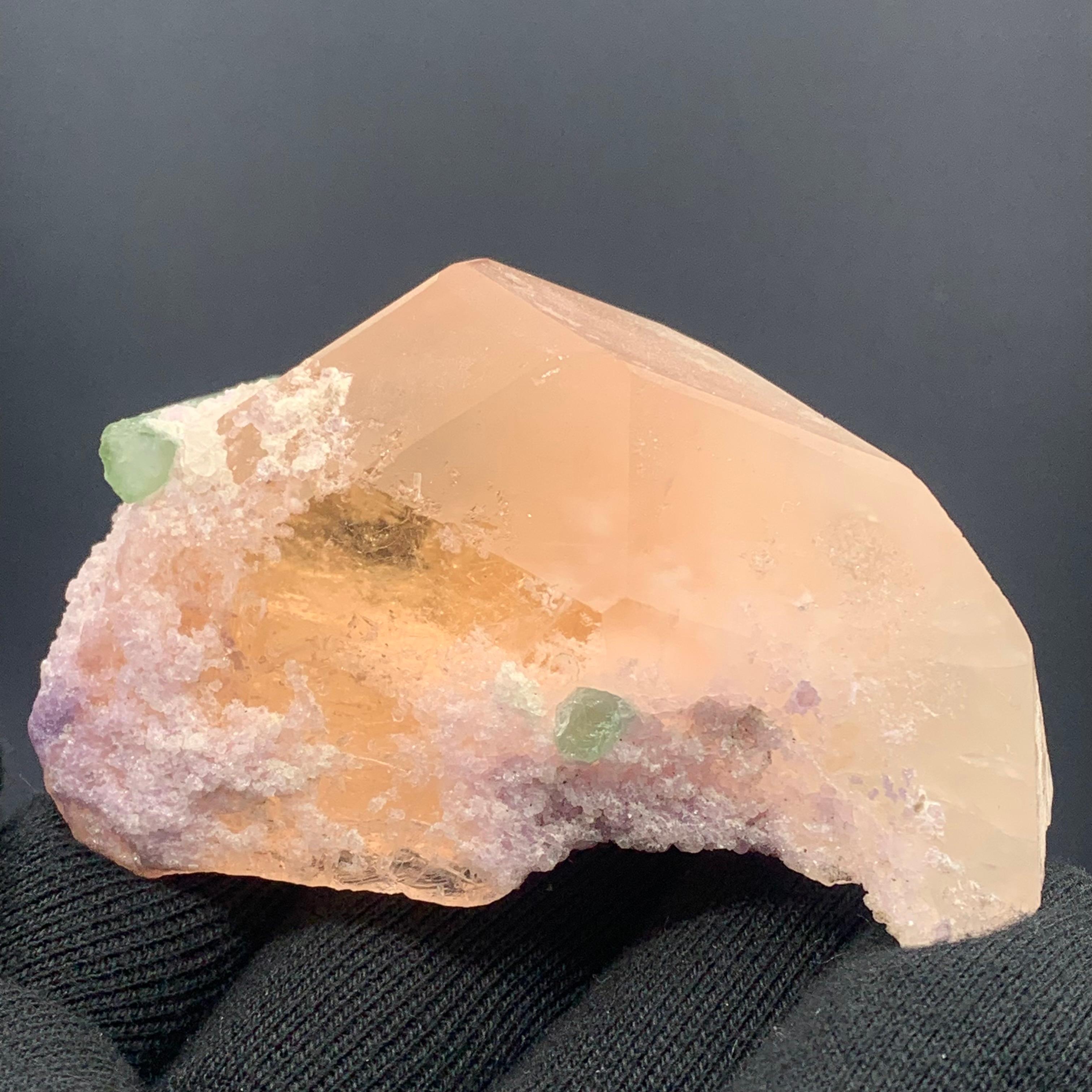 Rock Crystal 231.5 Gram Morganite Specimen attached With Green Tourmaline And Fluorite  For Sale