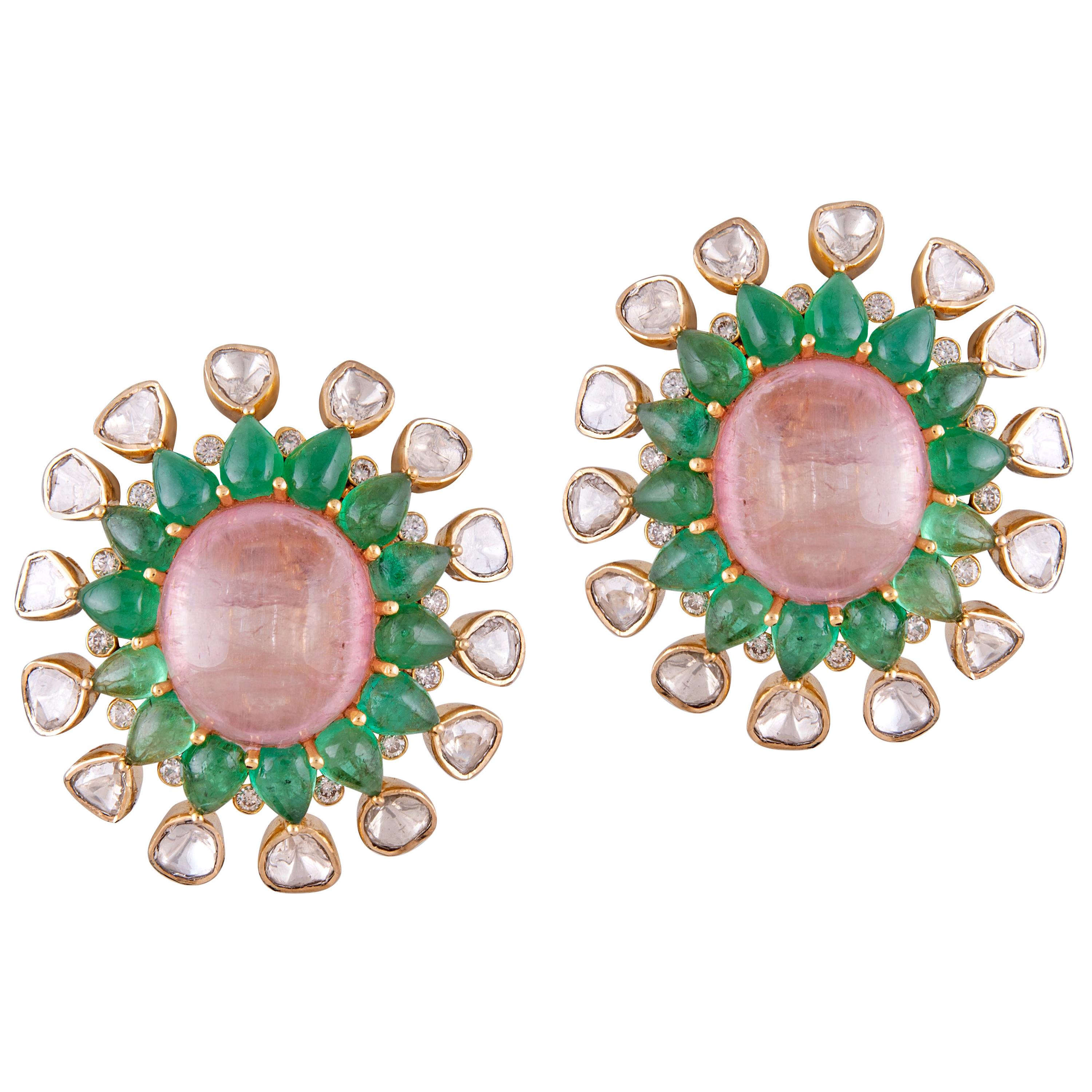 23.16 Carat Morganite Emerald Polki 18 Karat Yellow Gold Stud Earring