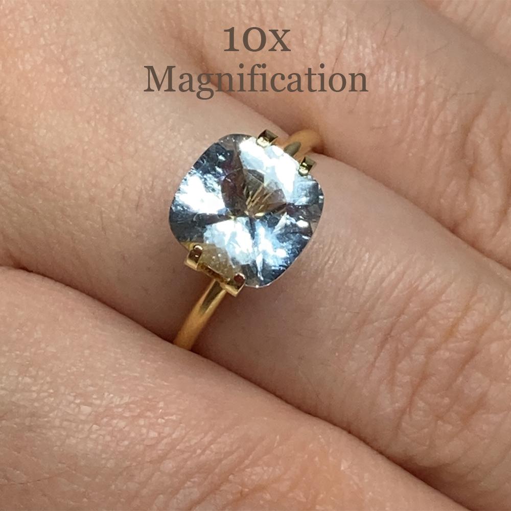 Description:

Gem Type: Aquamarine
Number of Stones: 1
Weight: 2.31 cts
Measurements: 9.12 x 9.13 x 5.13 mm
Shape: Cushion
Cutting Style Crown: Brilliant Cut
Cutting Style Pavilion: Mixed Cut
Transparency: Transparent
Clarity: Slightly Included: