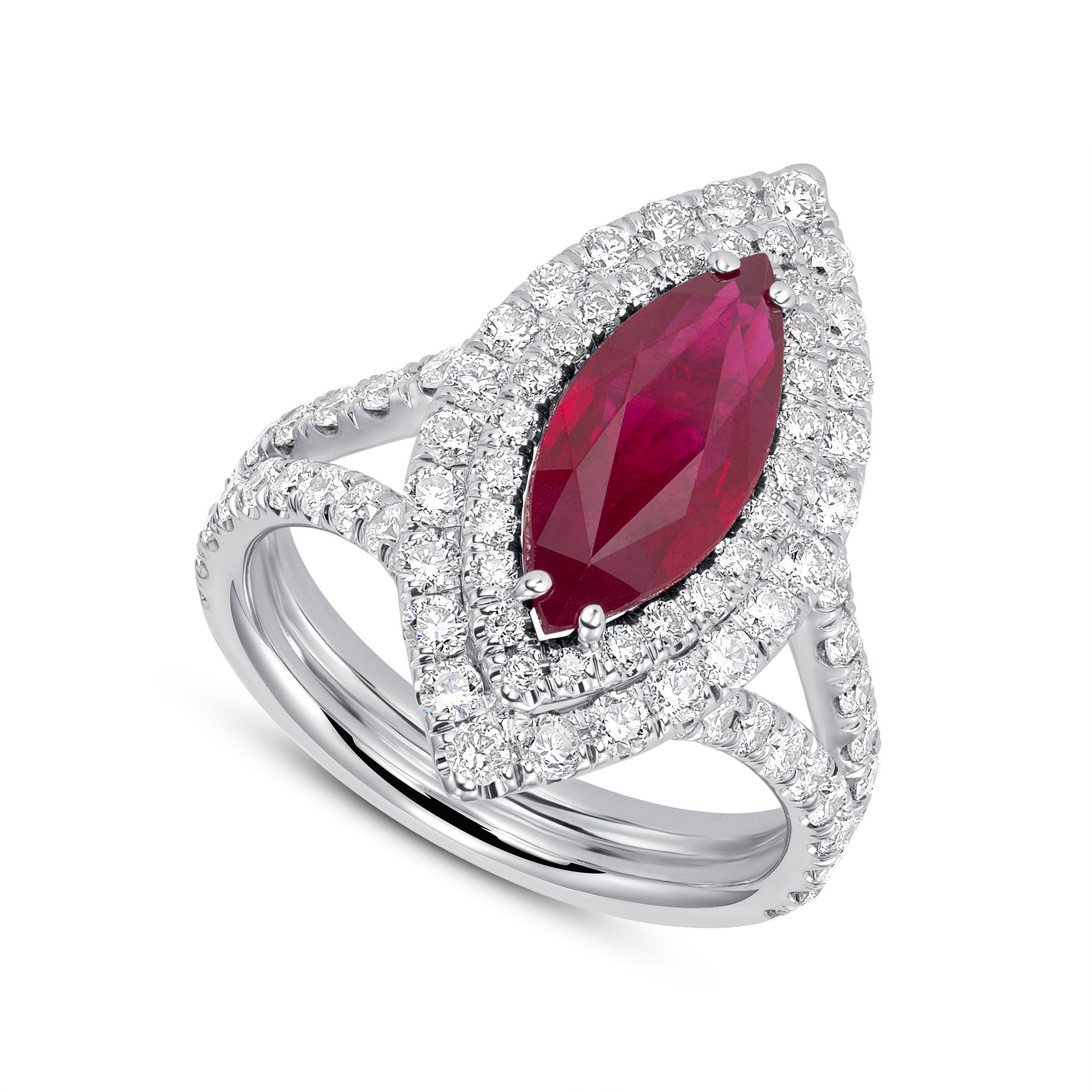 18K White Gold Ring 7.26gm / Diamond 1.33ct / NATURAL Ruby 2.31ct
Crafted in 18K white gold with natural marquise-shaped 2.31ct Ruby, Instilling an open-hearted readiness to take any risks necessary to advance and vibrate with life-affirming zeal.