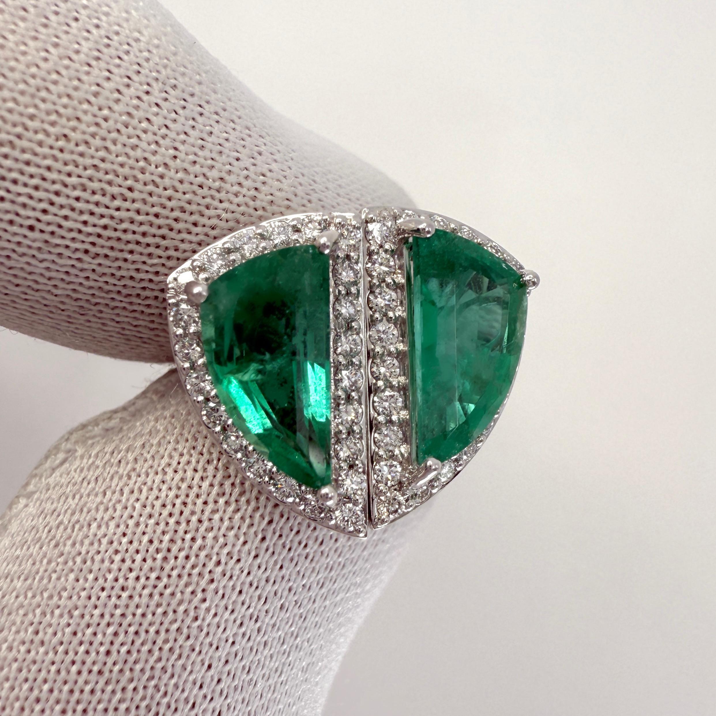 Half Moon Cut 2.31ct Vivid Green Fancy Cut Emerald & Diamond 18k White Gold Halo Earring Studs For Sale