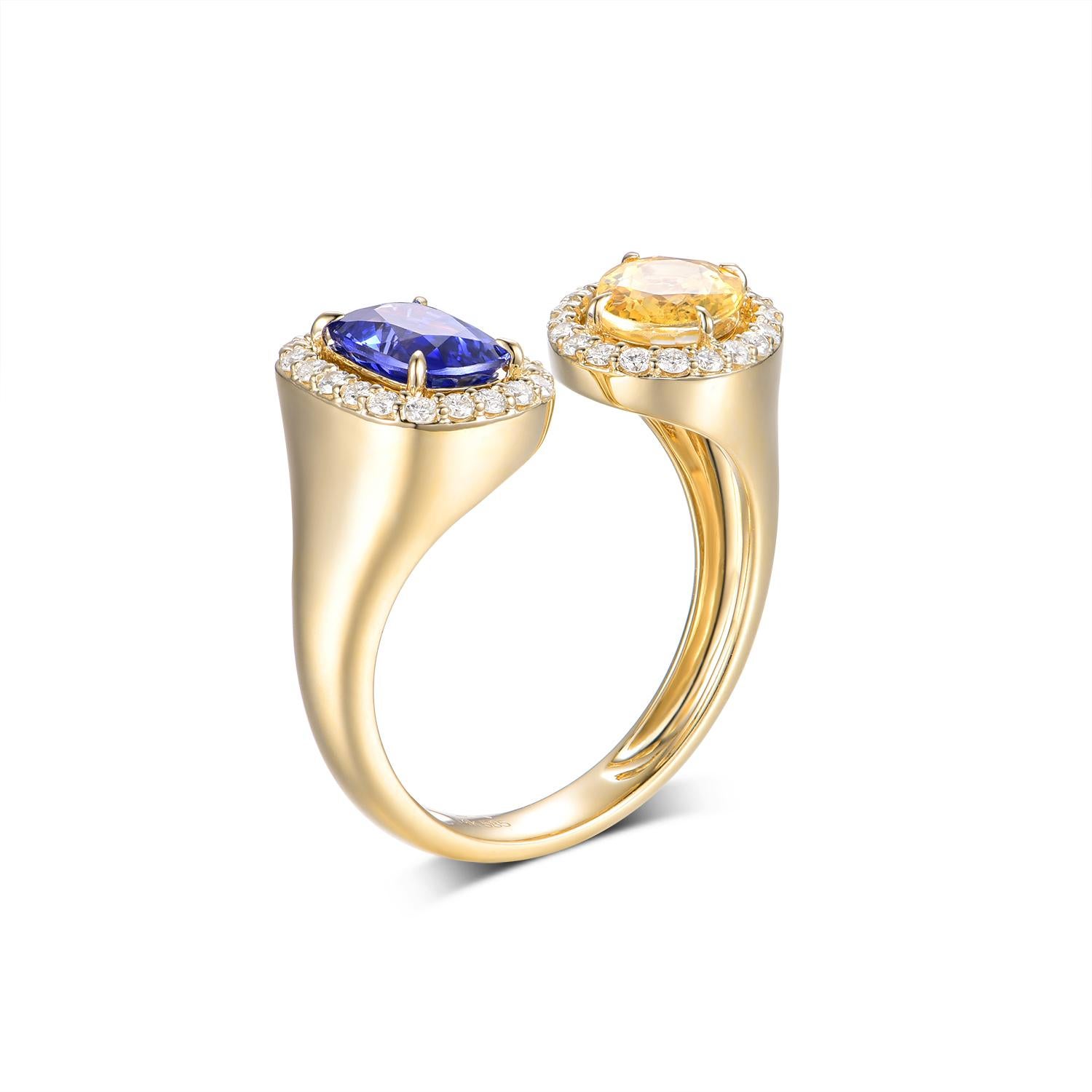 Embrace sophistication with this elegant ring, showcasing a stunning 2.31-carat sapphire, framed by a halo of 40 diamonds set in timeless 14-karat yellow gold. The central sapphire exudes a royal blue radiance, offering depth and clarity that