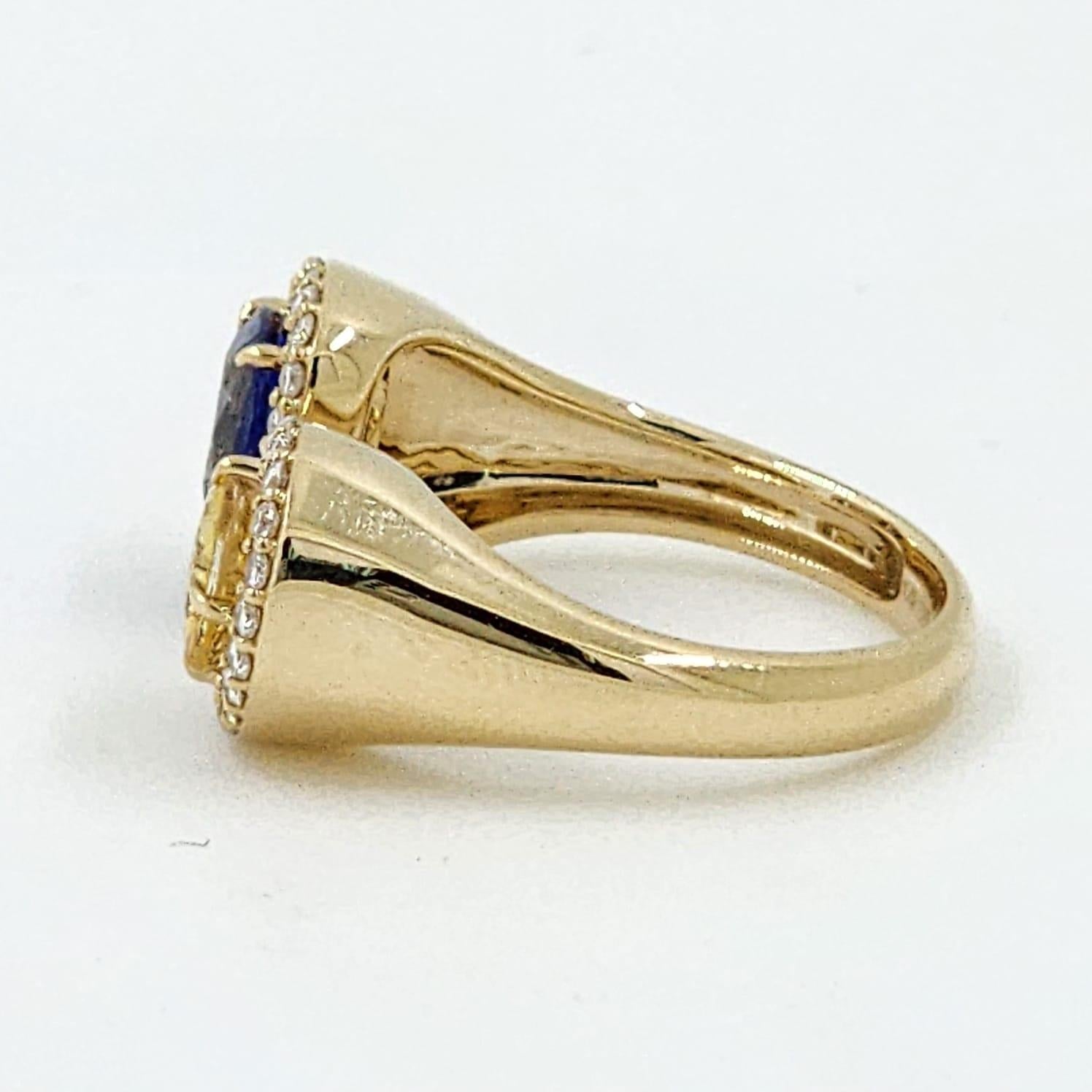 Cushion Cut 2.31Ct Yellow and Blue Sapphire Diamond Toi Et Moi Ring in 14k Yellow Gold For Sale