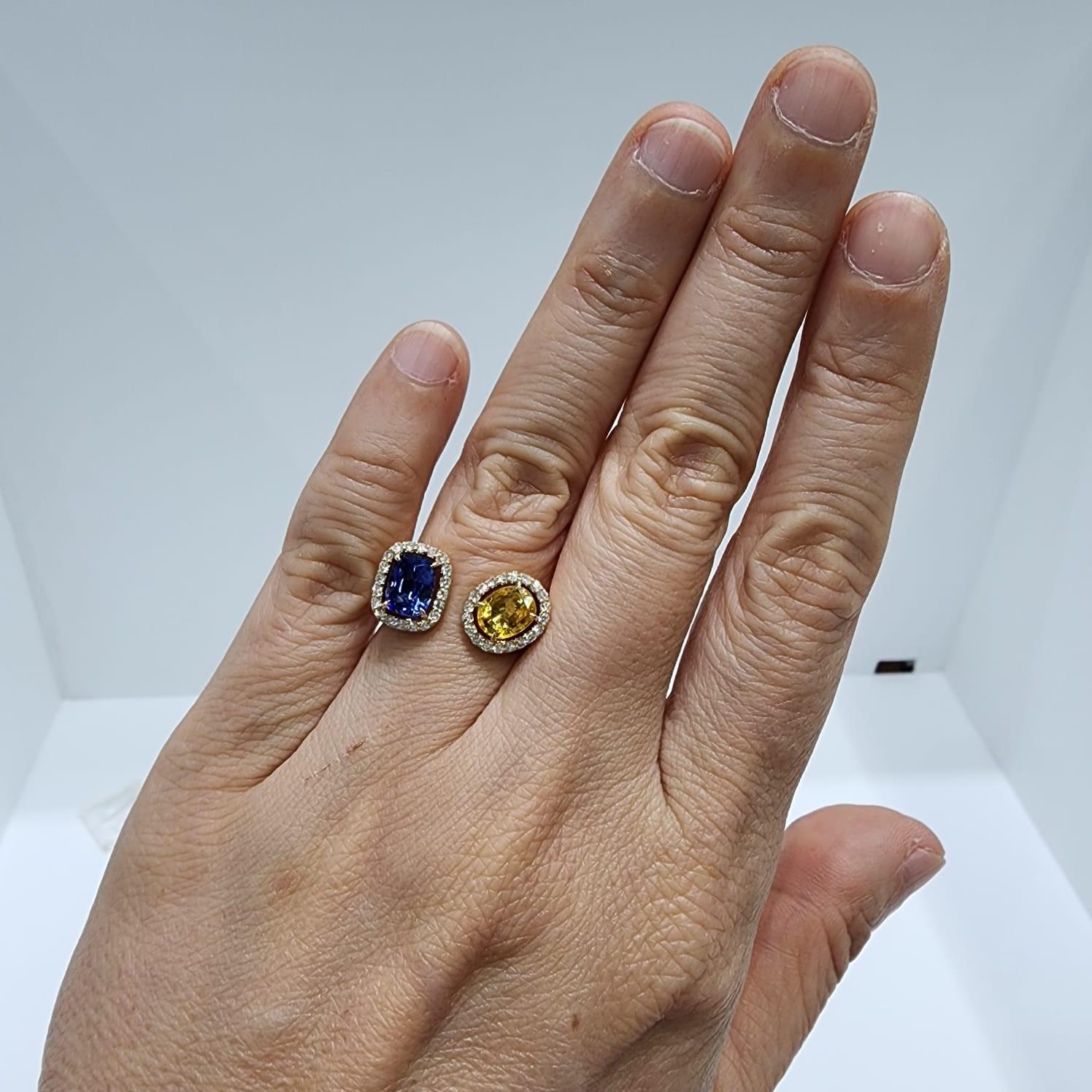 2.31Ct Yellow and Blue Sapphire Diamond Toi Et Moi Ring in 14k Yellow Gold For Sale 3