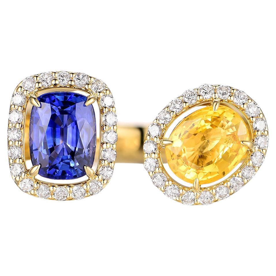 2.31 Karat Gelber und blauer Saphir Diamant Toi Et Moi Ring aus 14k Gelbgold