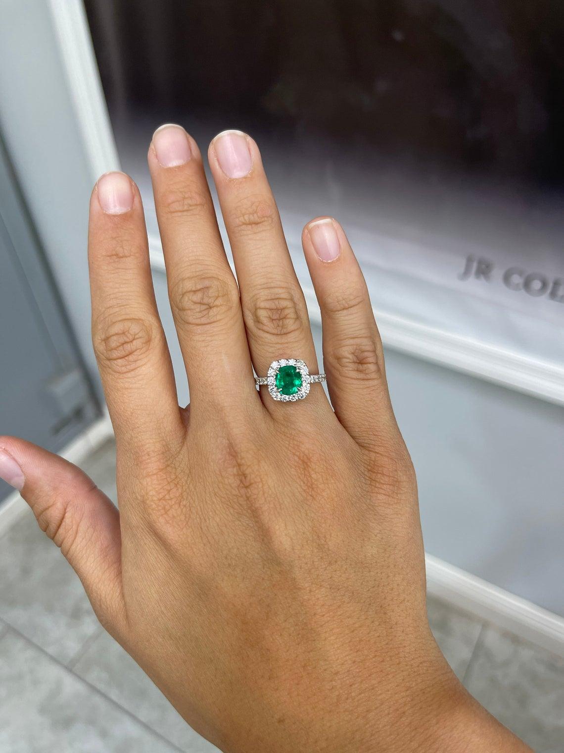 Modern 2.31tcw 14K Colombian Emerald Cushion Cut & Diamond Halo Engagement Ring  For Sale