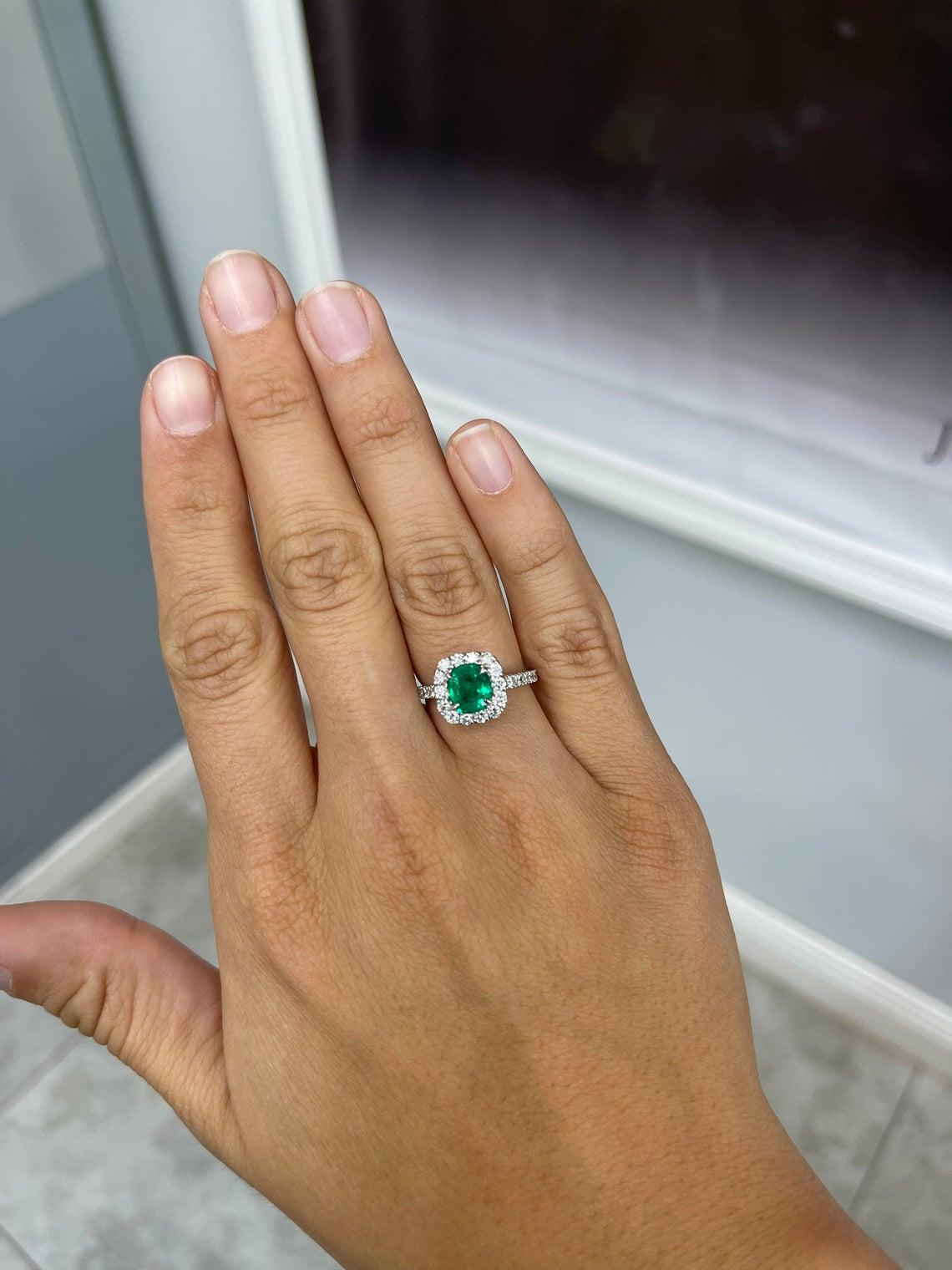 2.31tcw 14K Colombian Emerald Cushion Cut & Diamond Halo Engagement Ring  In New Condition For Sale In Jupiter, FL
