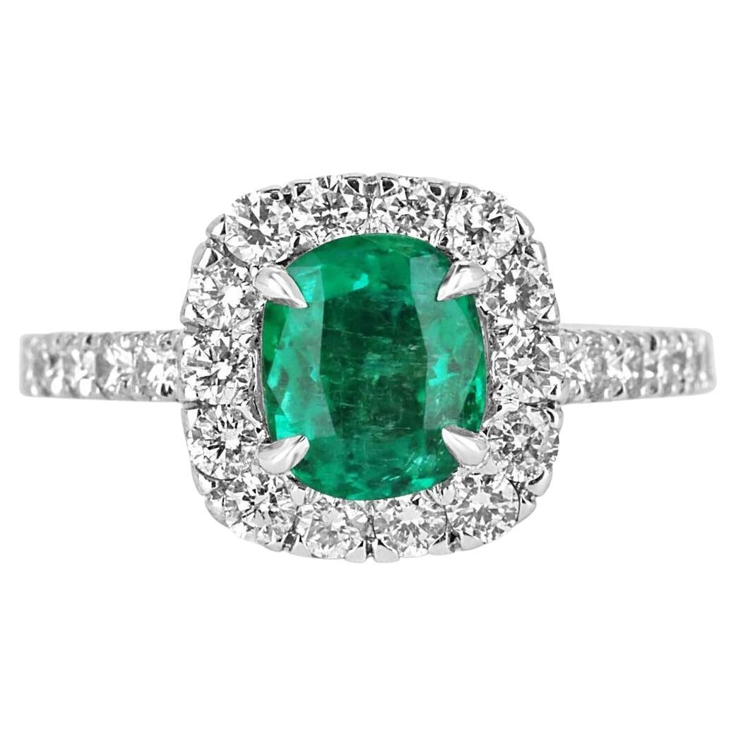 2.31tcw 14K Colombian Emerald Cushion Cut & Diamond Halo Engagement Ring  For Sale
