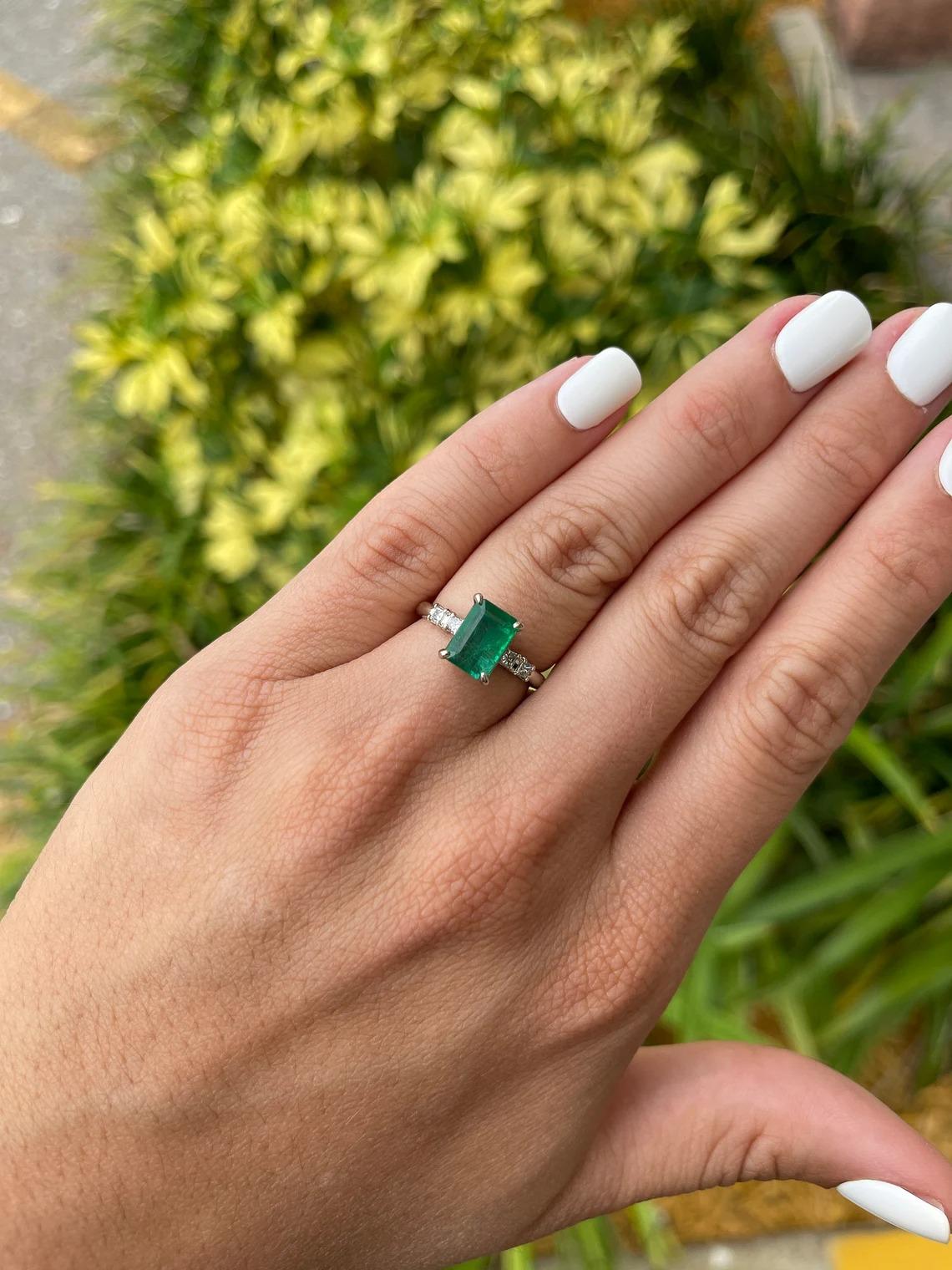 Modern 2.31tcw 14K Natural Emerald-Emerald Cut & Diamond Accent Five Stone Ring For Sale