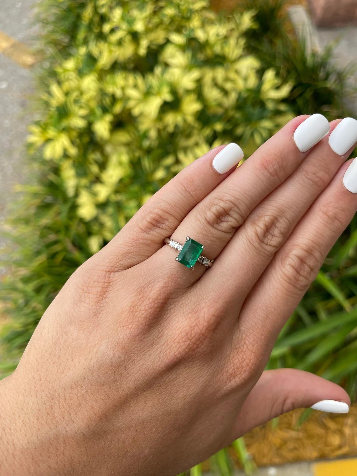 2.31tcw 14K Natural Emerald-Emerald Cut & Diamond Accent Five Stone Ring For Sale 2