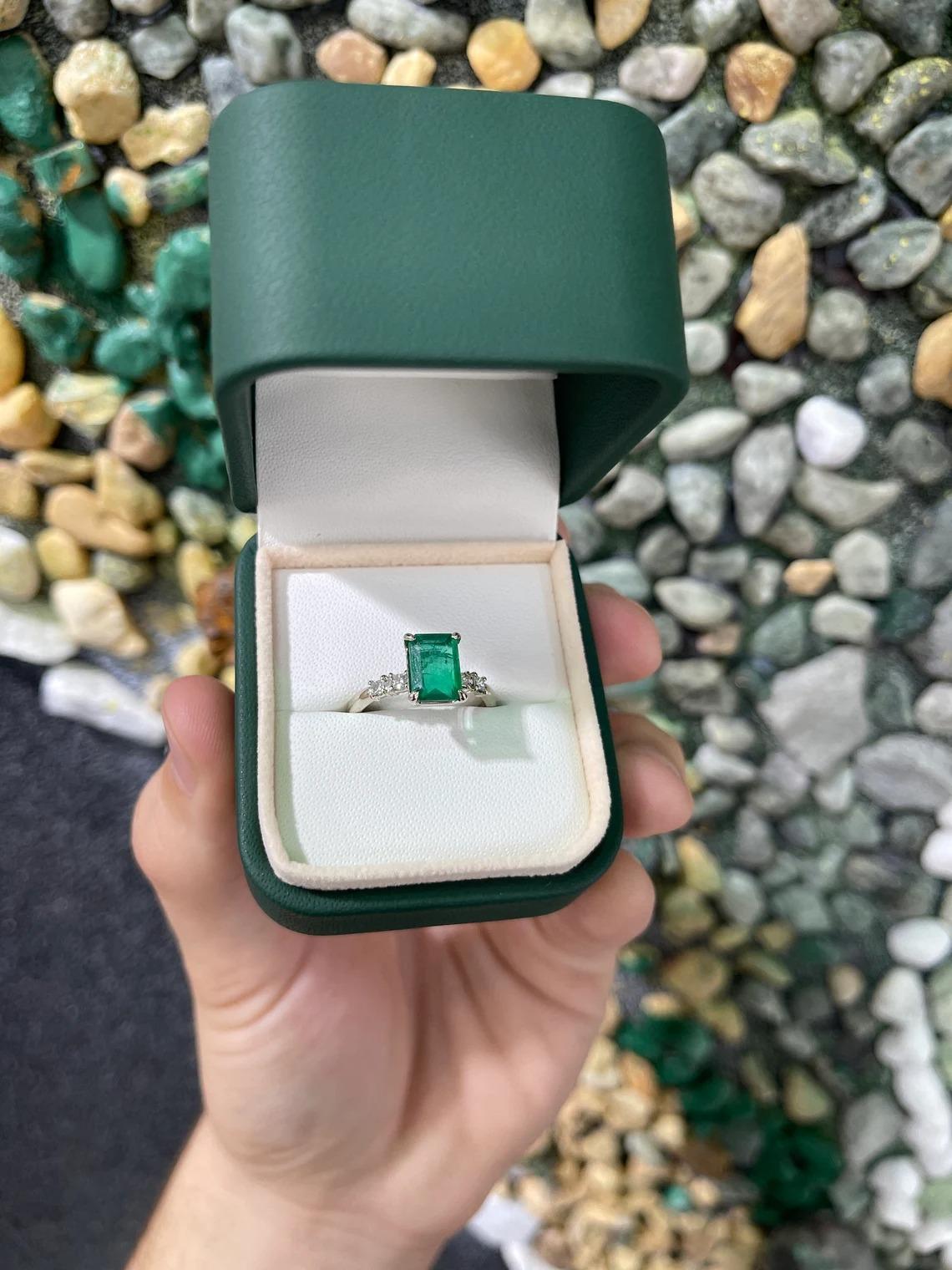 2.31tcw 14K Natural Emerald-Emerald Cut & Diamond Accent Five Stone Ring For Sale 3