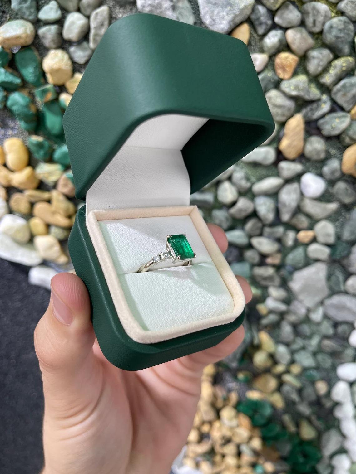2.31tcw 14K Natural Emerald-Emerald Cut & Diamond Accent Five Stone Ring For Sale 4