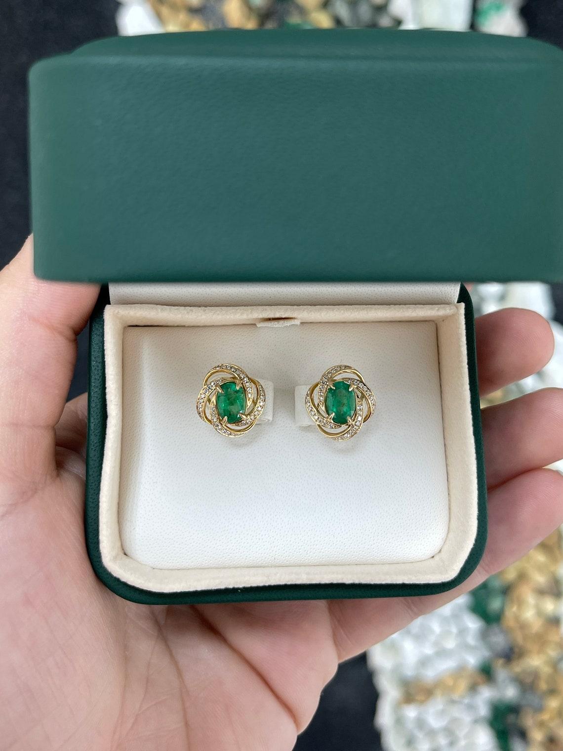 Modern 2.31tcw 14K Oval Emerald & Diamond Halo Earrings Dark Green Emerald Prong Set For Sale