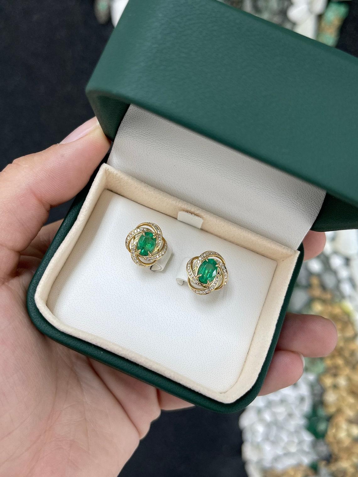 Oval Cut 2.31tcw 14K Oval Emerald & Diamond Halo Earrings Dark Green Emerald Prong Set For Sale