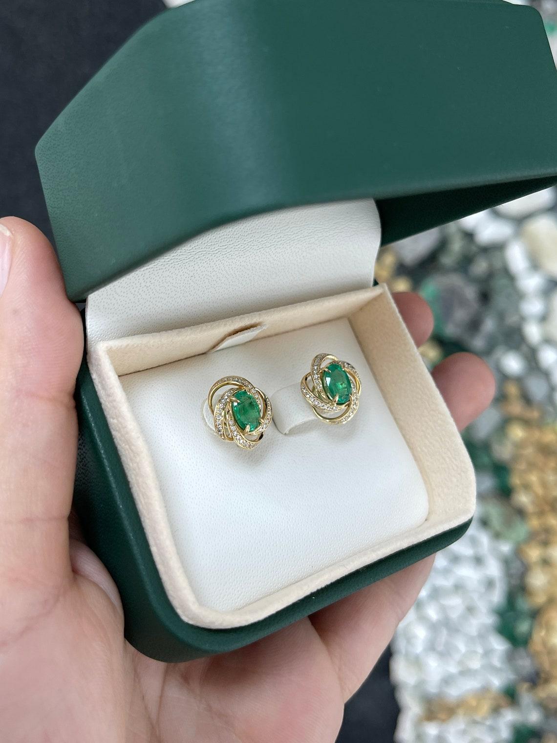 2.31tcw 14K Oval Emerald & Diamond Halo Earrings Dark Green Emerald Prong Set In New Condition For Sale In Jupiter, FL