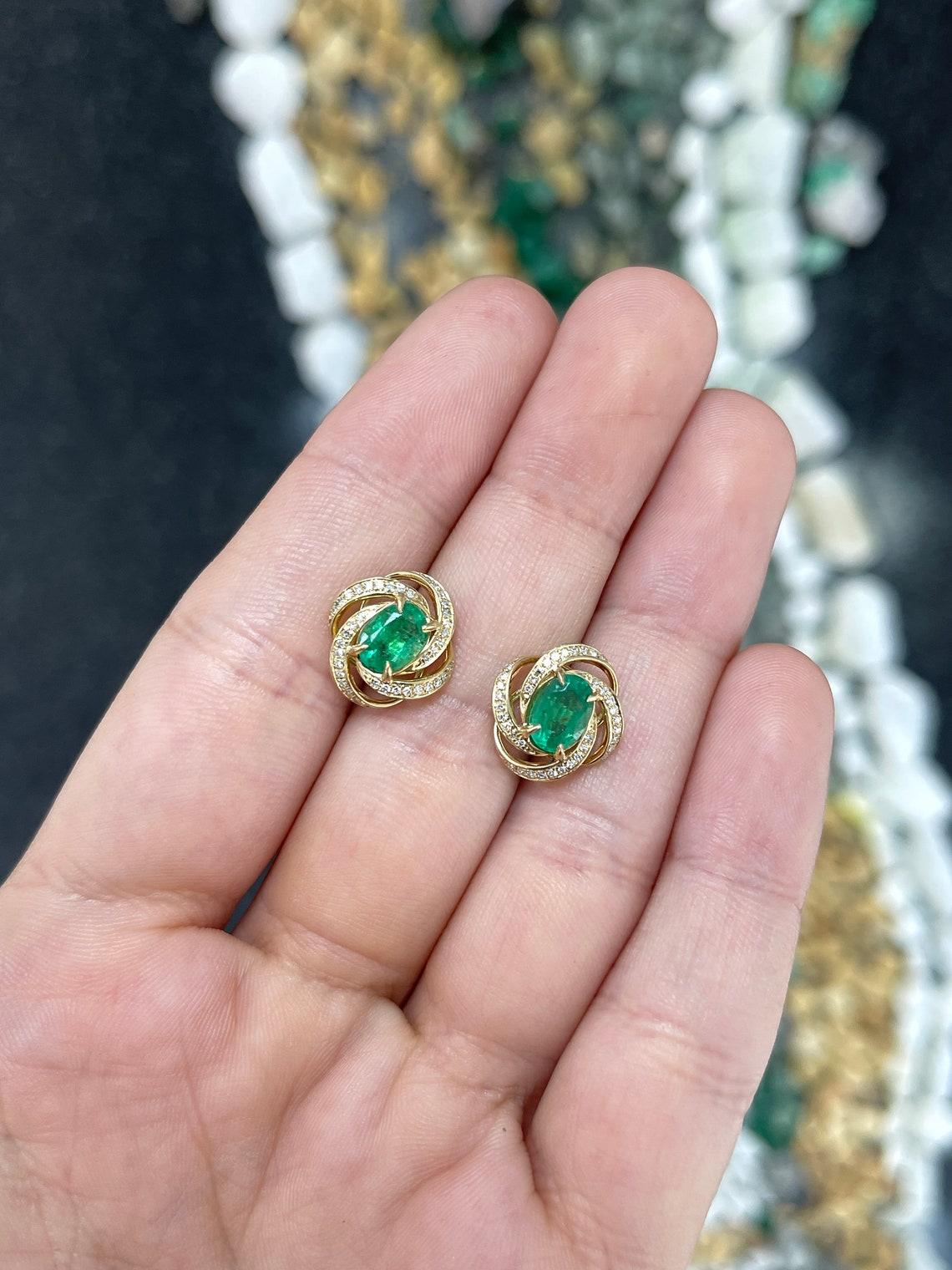 Women's 2.31tcw 14K Oval Emerald & Diamond Halo Earrings Dark Green Emerald Prong Set For Sale