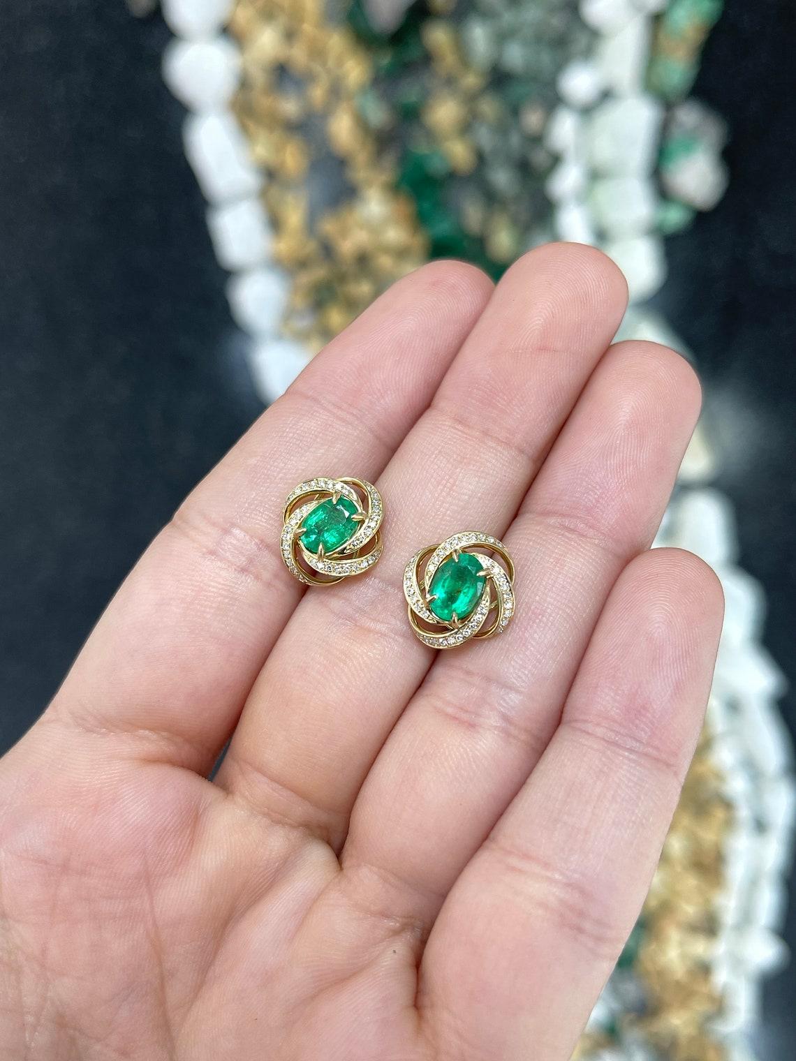 2.31tcw 14K Oval Emerald & Diamond Halo Earrings Dark Green Emerald Prong Set For Sale 1
