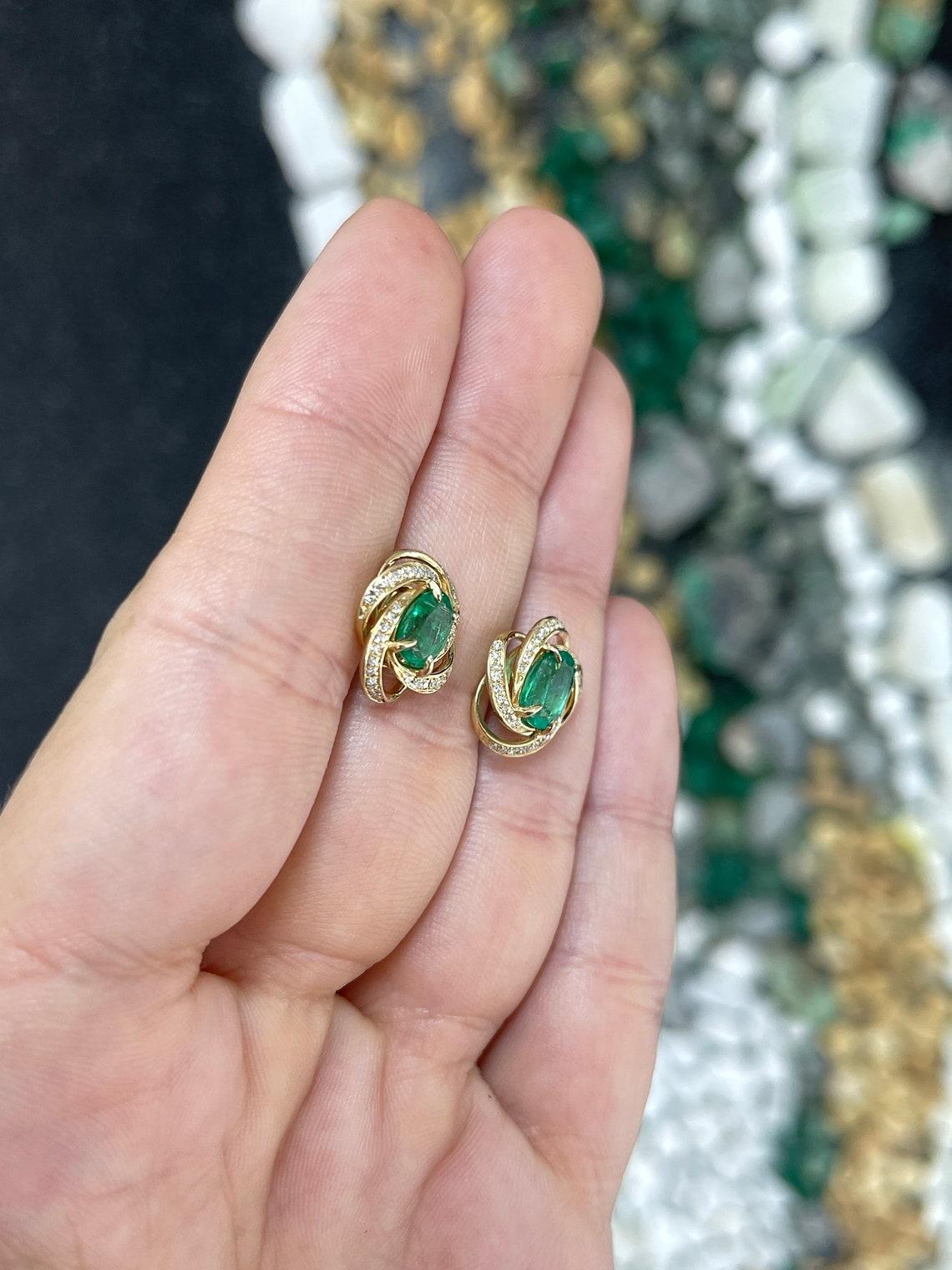 2.31tcw 14K Oval Emerald & Diamond Halo Earrings Dark Green Emerald Prong Set For Sale 2