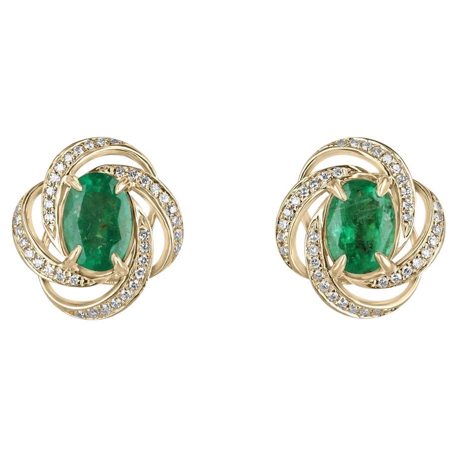 2.31tcw 14K Oval Emerald & Diamond Halo Earrings Dark Green Emerald Prong Set