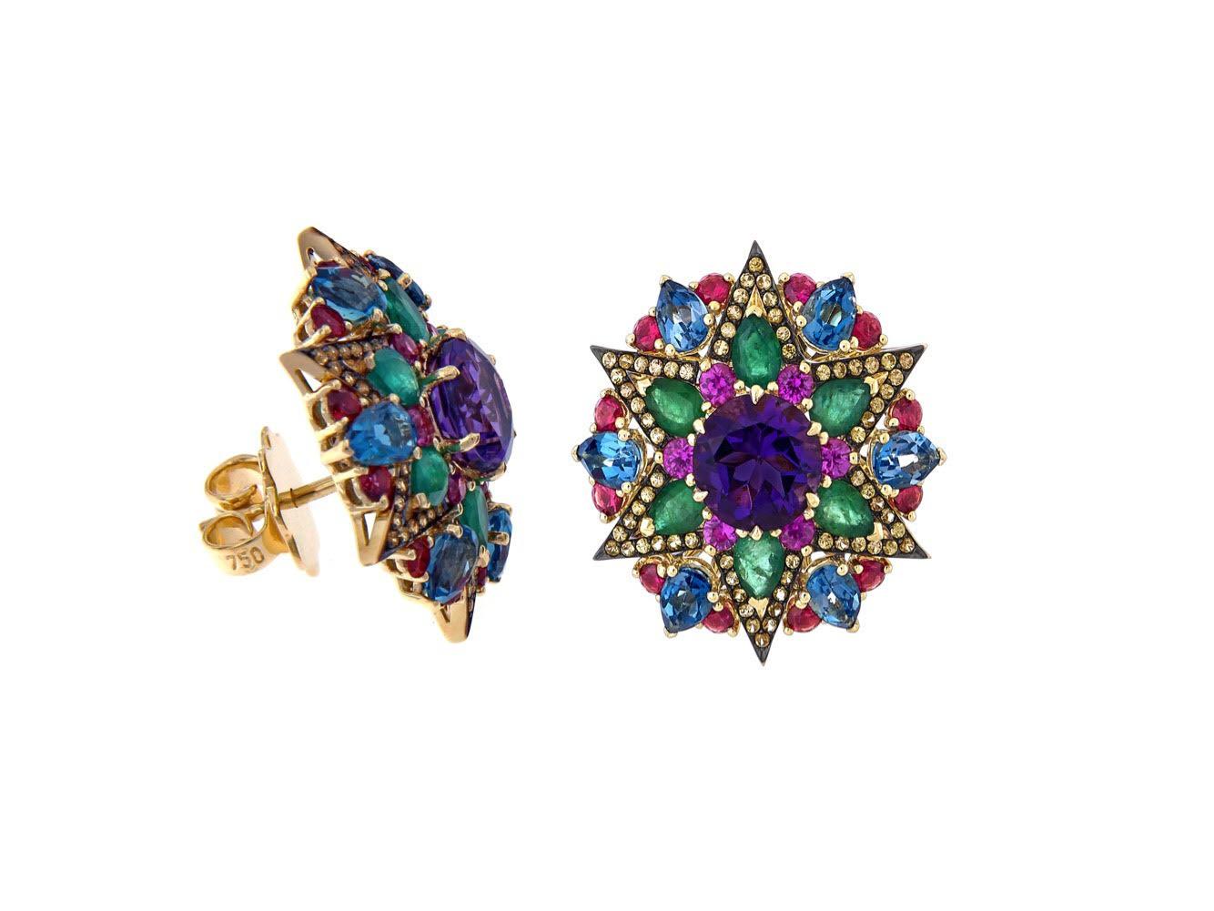 Round Cut 2.32 Carat Amethyst, Emerald and Multi-Colored Star Cluster Earrings