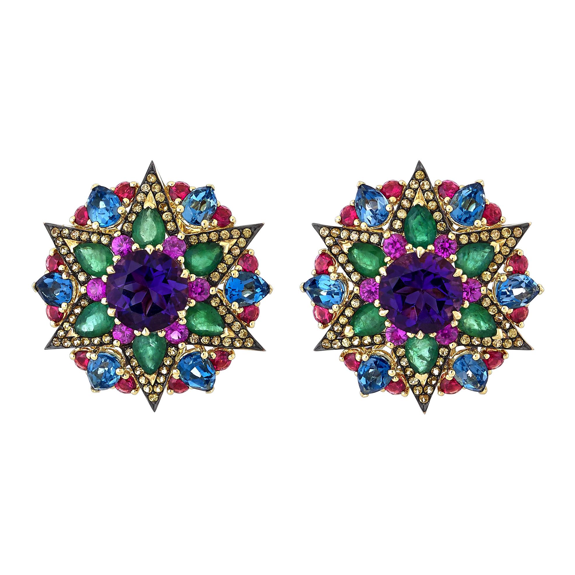 2.32 Carat Amethyst, Emerald and Multi-Colored Star Cluster Earrings