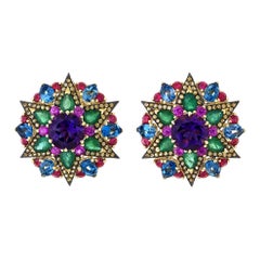 2.32 Carat Amethyst, Emerald and Multi-Colored Star Cluster Earrings