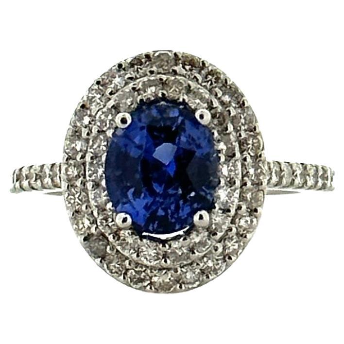 2.32 Carat Blue Sapphire and 0.9 Carat Total Weight Diamond Ring in White Gold