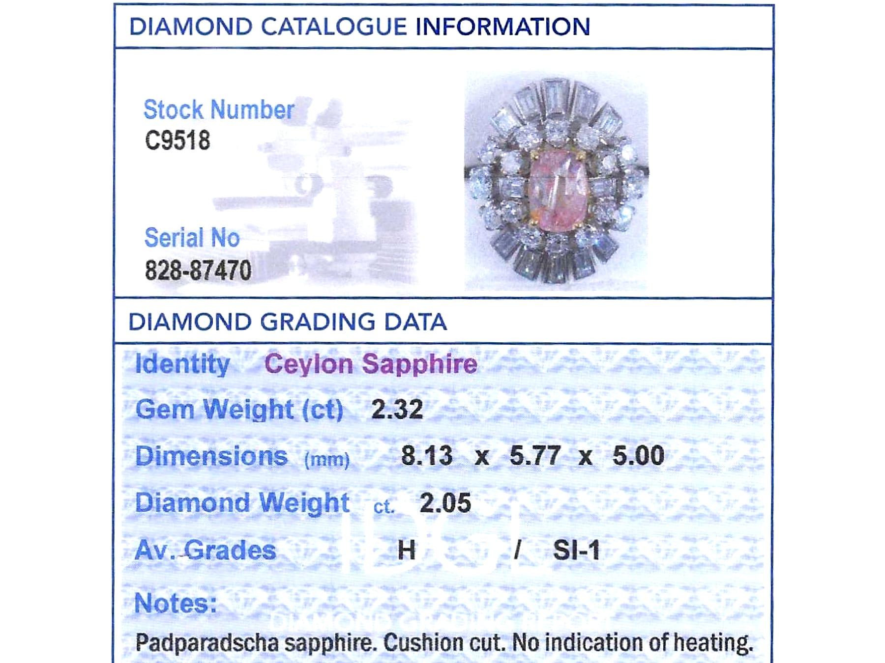 Anello in platino con zaffiro Padparadscha di Ceylon da 2,32 carati e diamante da 2,05 carati in vendita 8