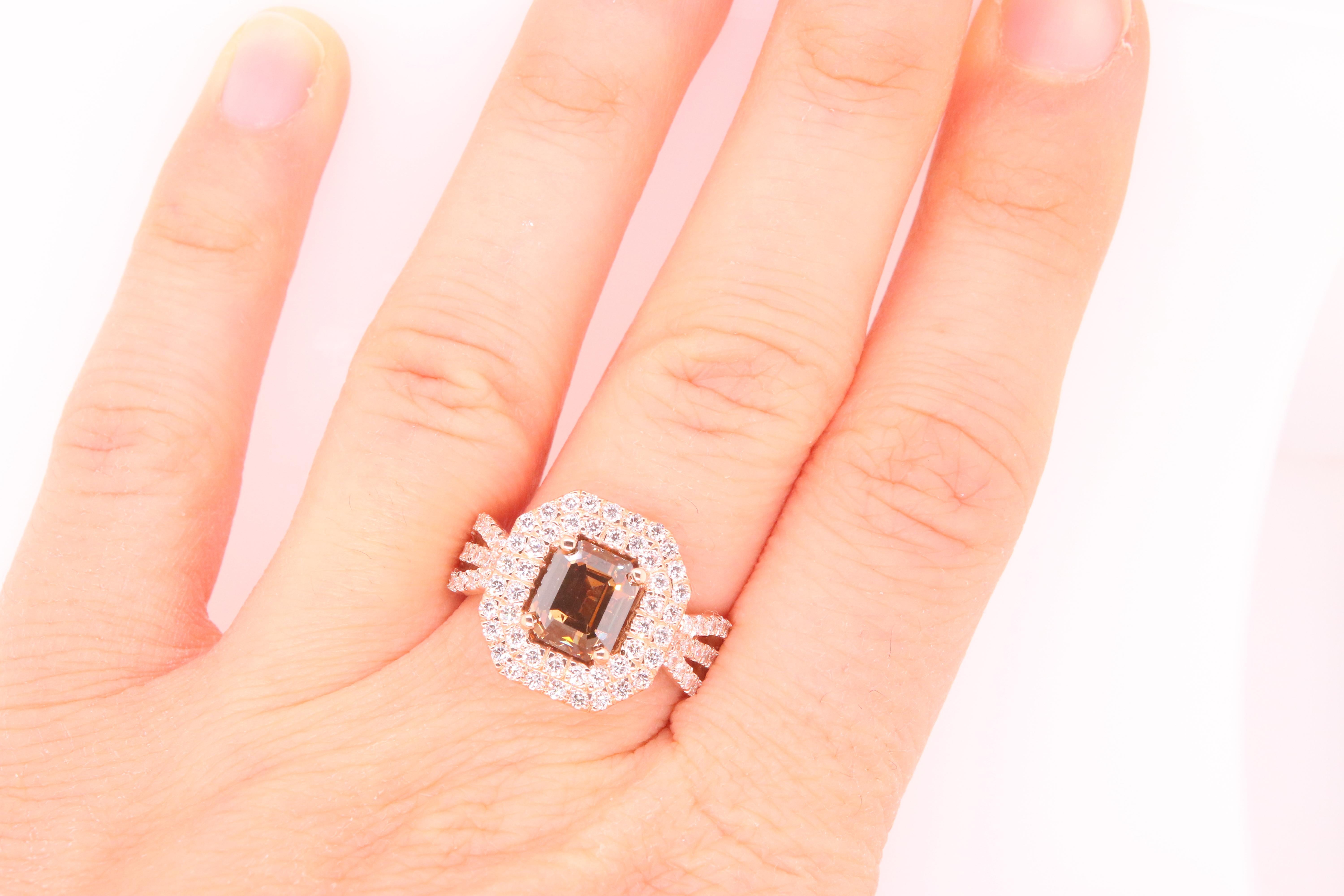 Material: 14k Rose Gold 
Center Stone Details: 1 Emerald Cut Natural Cognac Color Diamond at 2.32 Carats- Measuring 7.6 x 6.4 mm
Diamond Details: 95 Brilliant Round Diamonds at 1.05 Carats - Clarity: SI / Color:  H-I
Ring Size: Size 6.5. Alberto