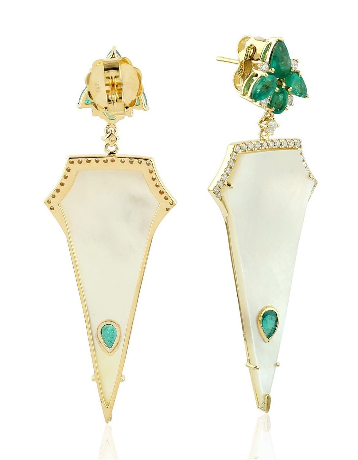 Modern 2.32 Carat Emerald Mother of Pearl Diamond 18 Karat Gold Earrings For Sale