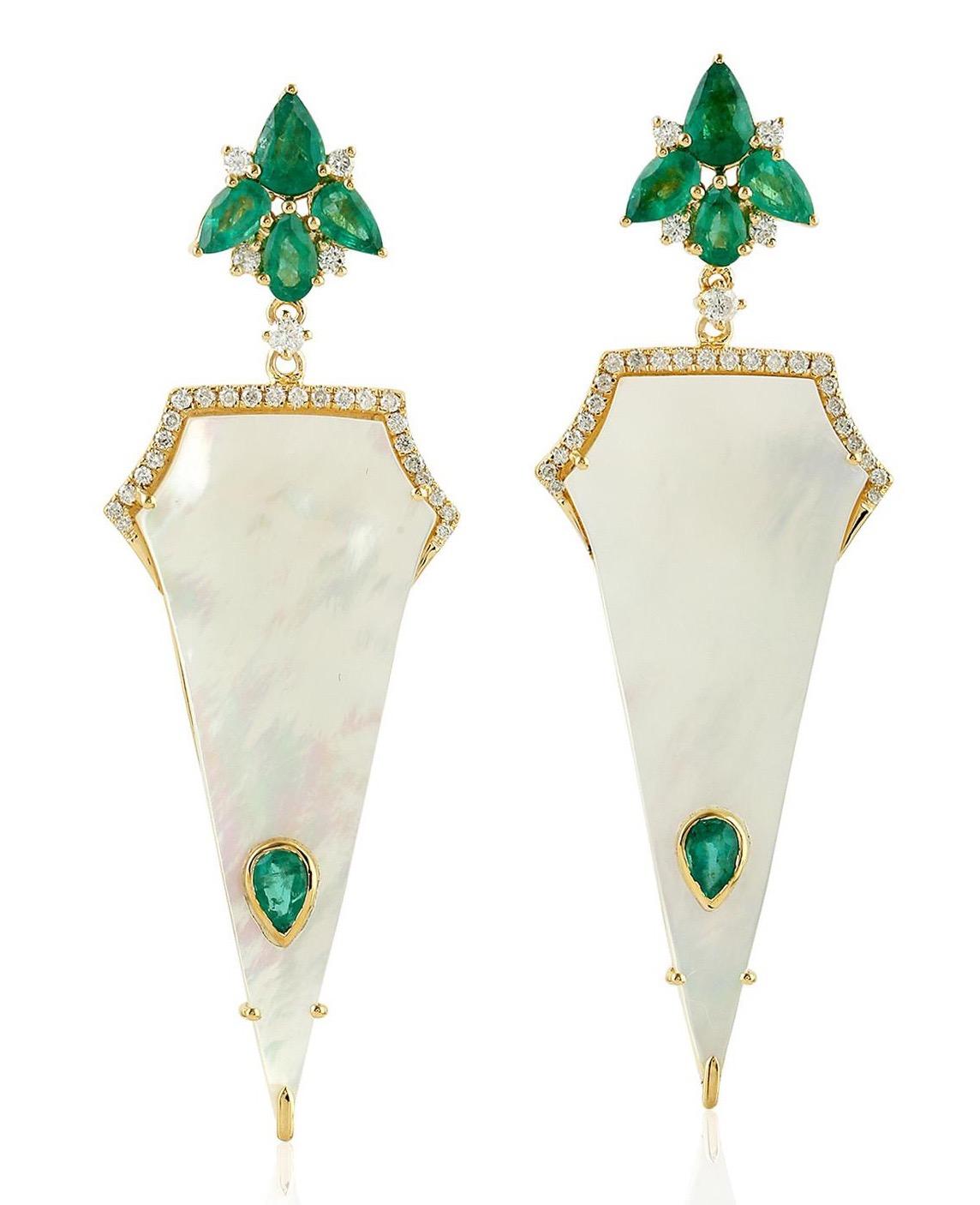 Mixed Cut 2.32 Carat Emerald Mother of Pearl Diamond 18 Karat Gold Earrings For Sale