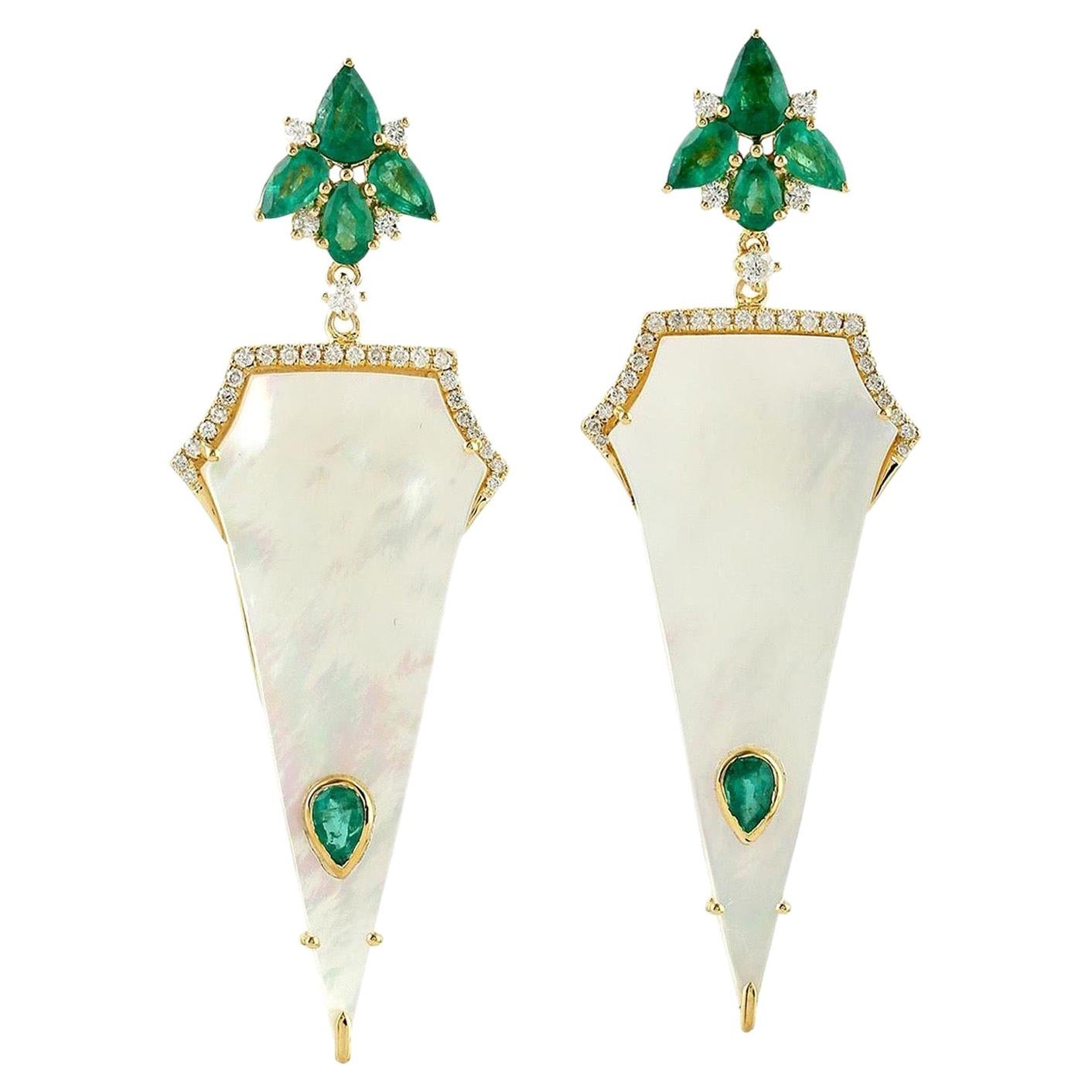 2.32 Carat Emerald Mother of Pearl Diamond 18 Karat Gold Earrings For Sale