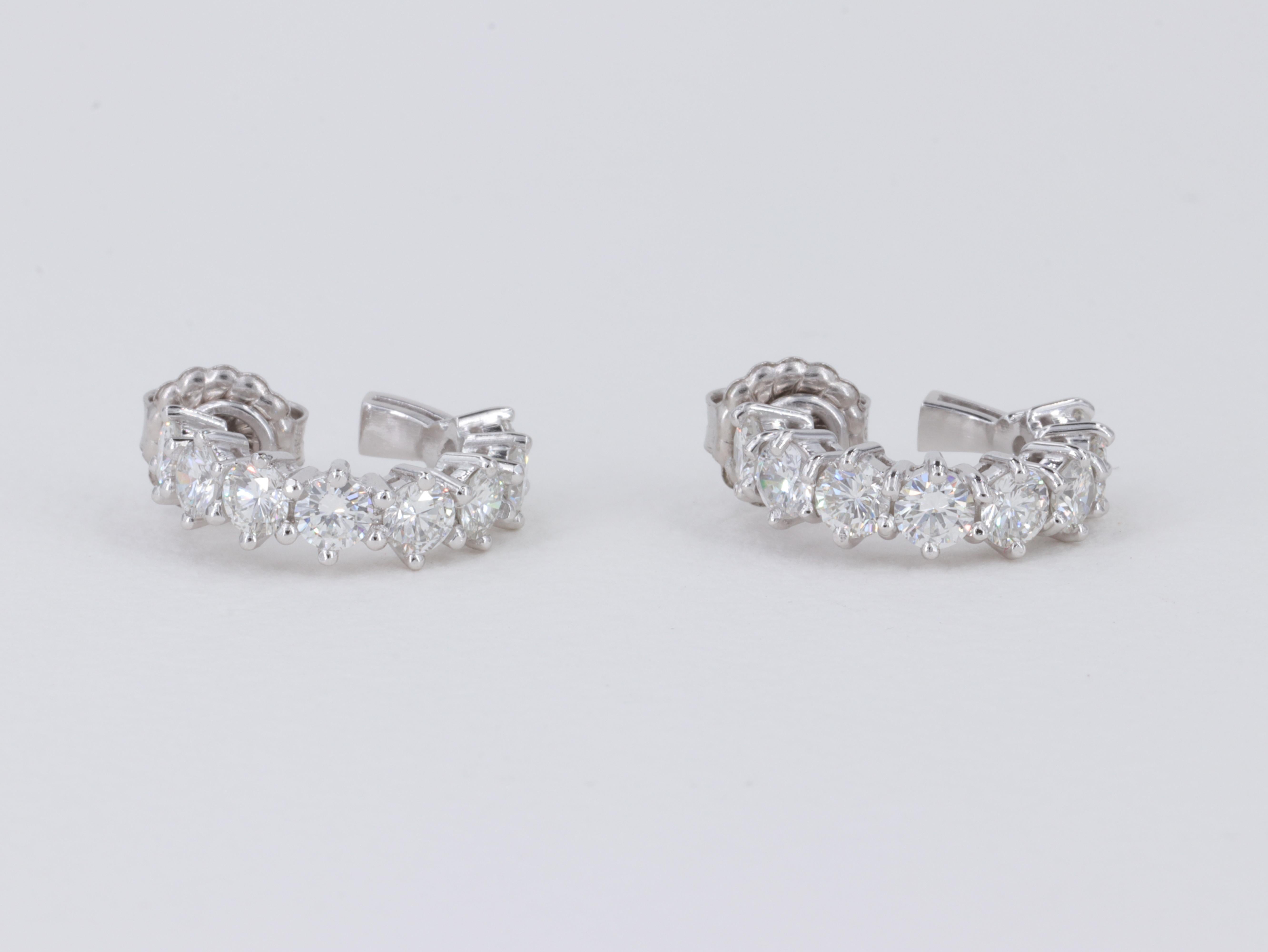 2.32 Carat Hand Fabricated Platinum and Round Brilliant Diamond Huggie Earrings In Excellent Condition For Sale In Tampa, FL