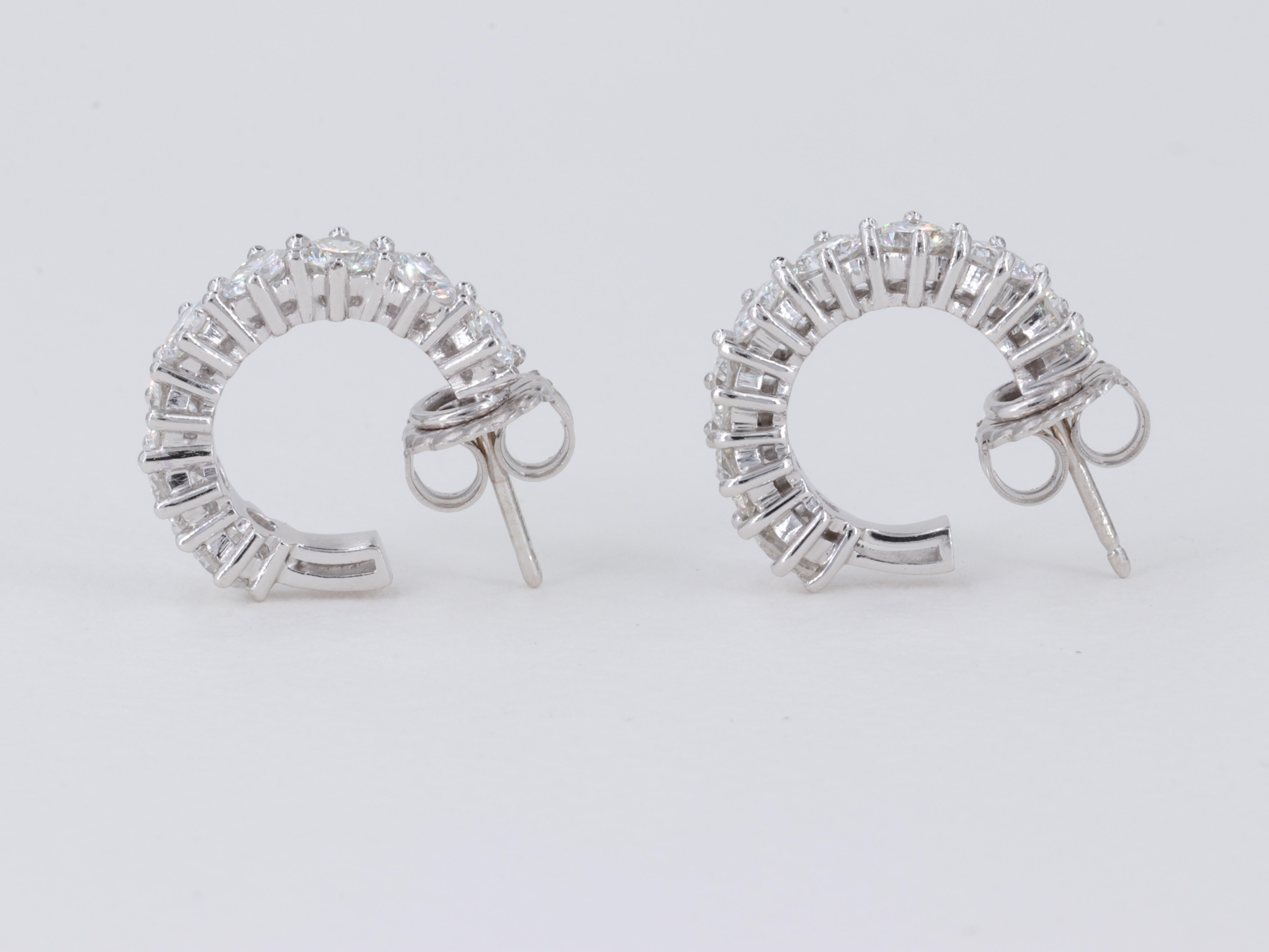 2.32 Carat Hand Fabricated Platinum and Round Brilliant Diamond Huggie Earrings For Sale 3
