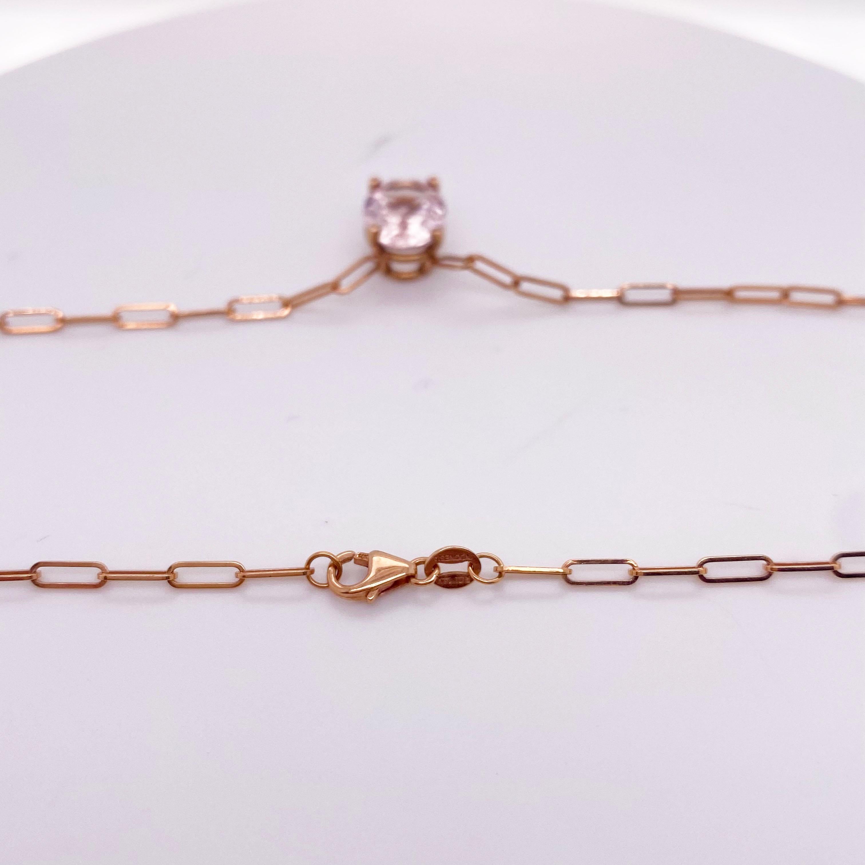 This modern rose gold necklace is stunning! With a genuine pink morganite gemstone set in a rose gold basket. The chain is a paperclip chain that compliments the stone and gives the piece a modern style. Morganite gemstones look great on everyone!