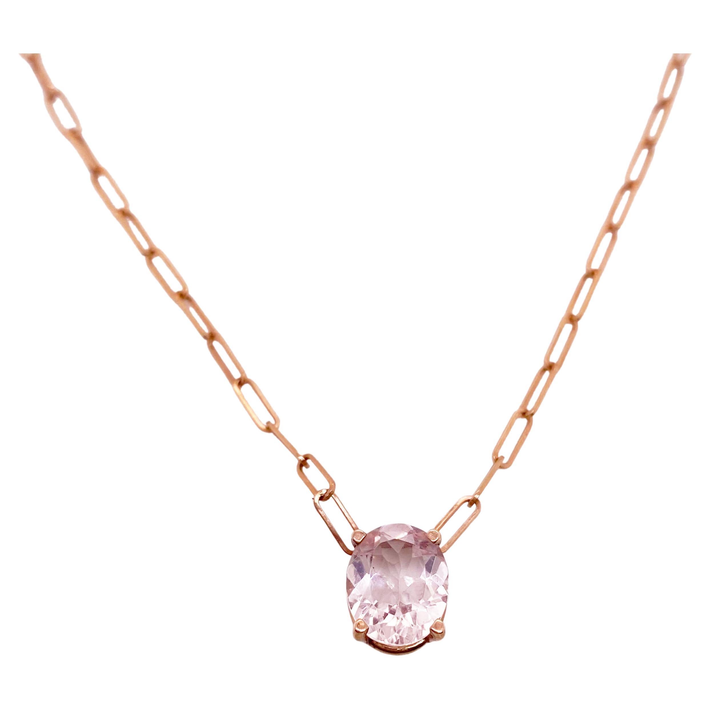 2.32 Carat Morganite Gemstone Paperclip Necklace 14K Rose Gold Oval Gemstone For Sale